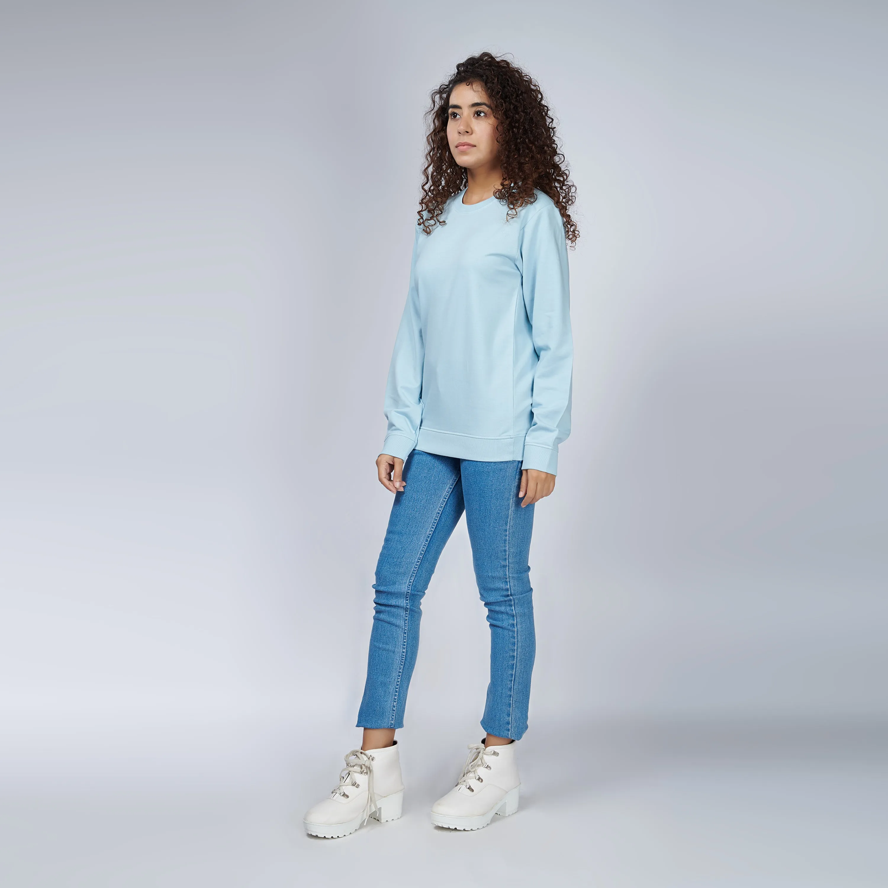 Icy Blue Crew Neck Sweatshirt for Women