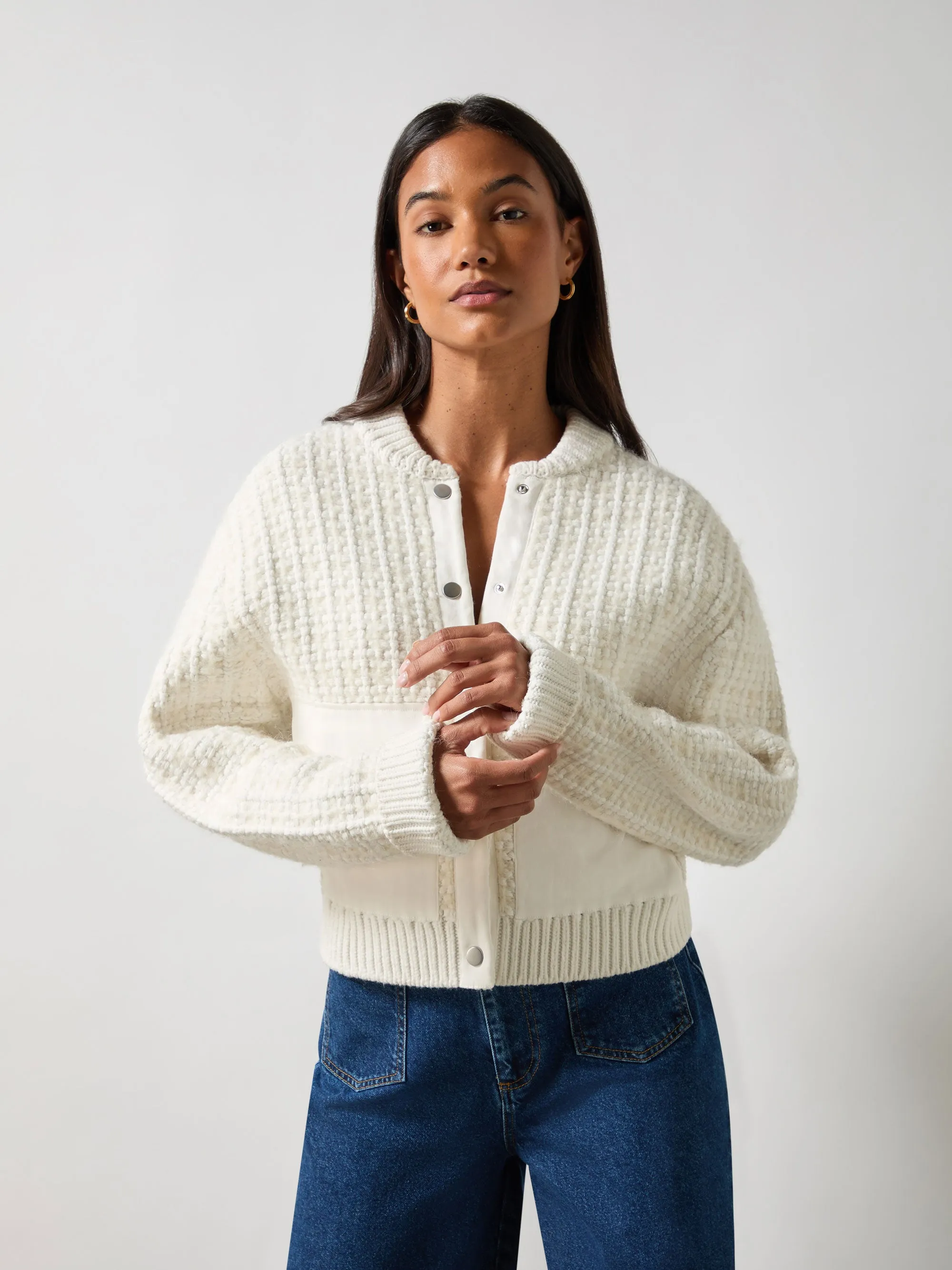 Ivory Knitted Bomber Jacket