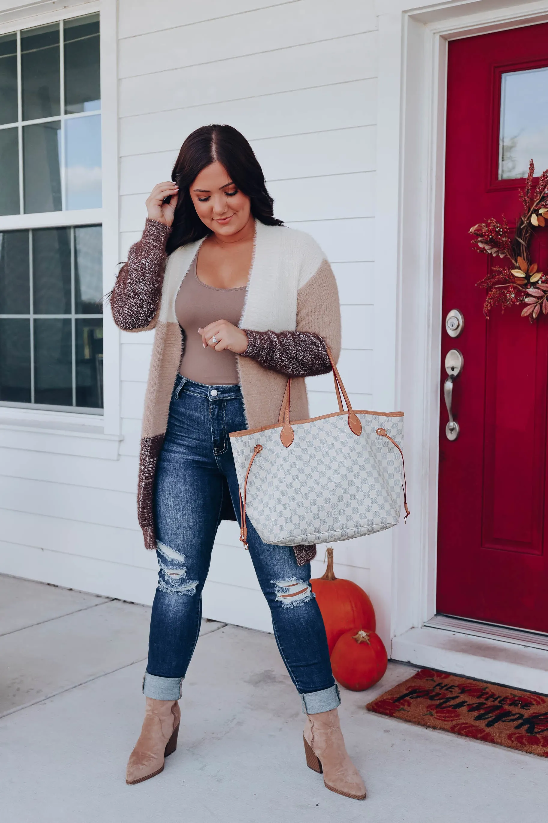 Janelle Color Block Cardigan - Taupe