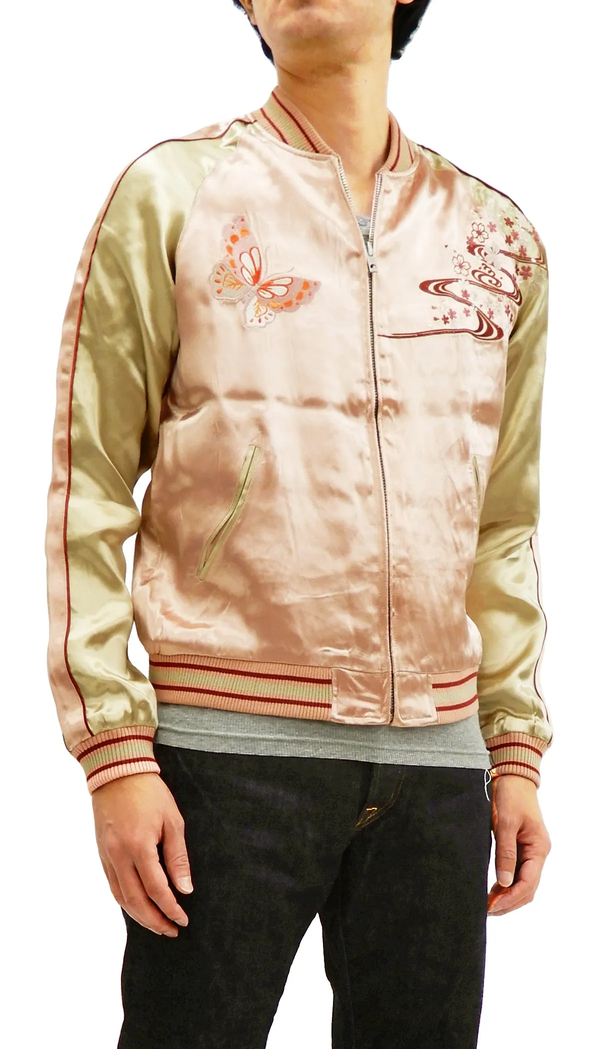 Japanesque Men's Japanese Souvenir Jacket Japanese Butterfly and Cherry Blossoms Sukajan 3RSJ-040 Pink/Beige