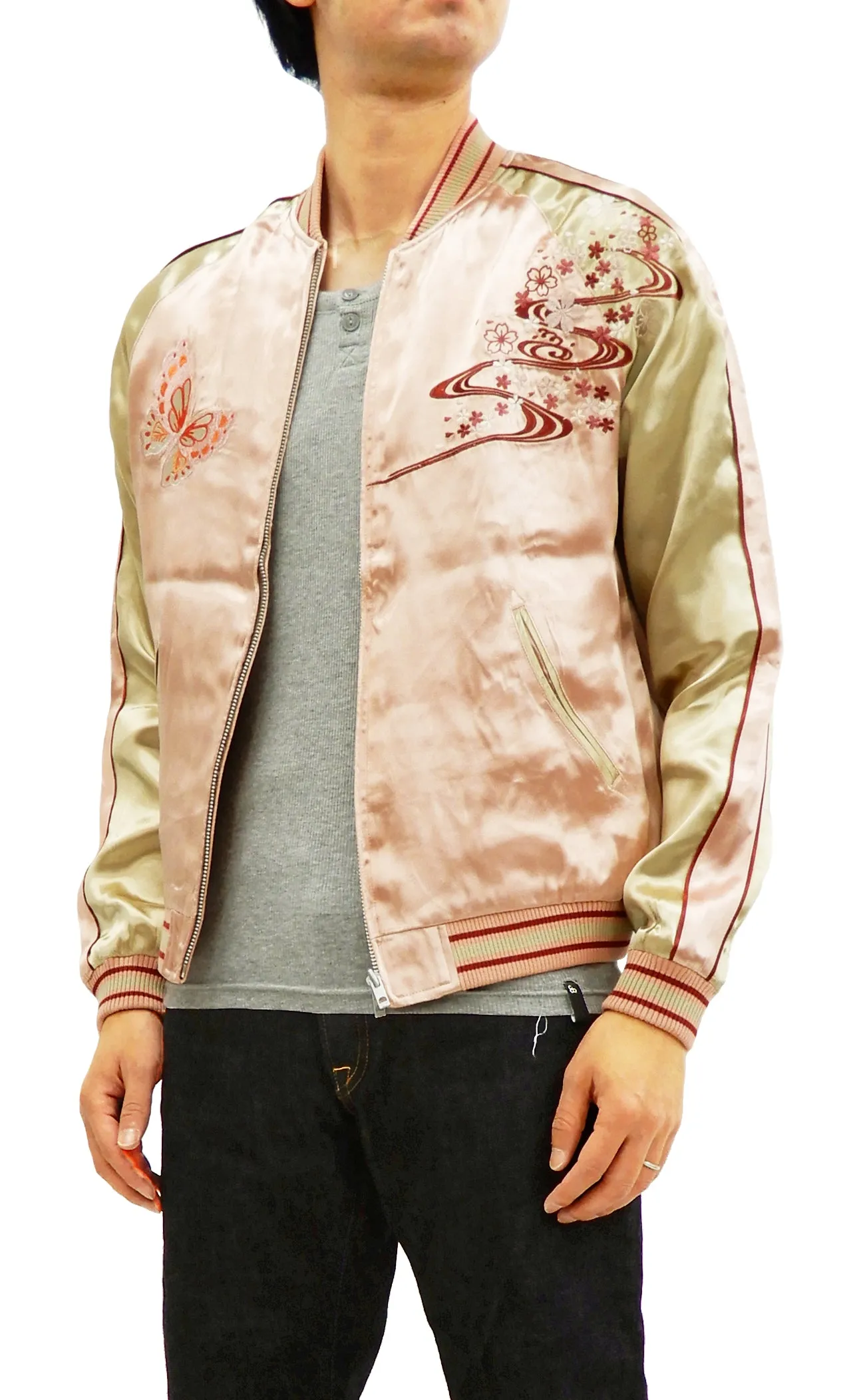 Japanesque Men's Japanese Souvenir Jacket Japanese Butterfly and Cherry Blossoms Sukajan 3RSJ-040 Pink/Beige