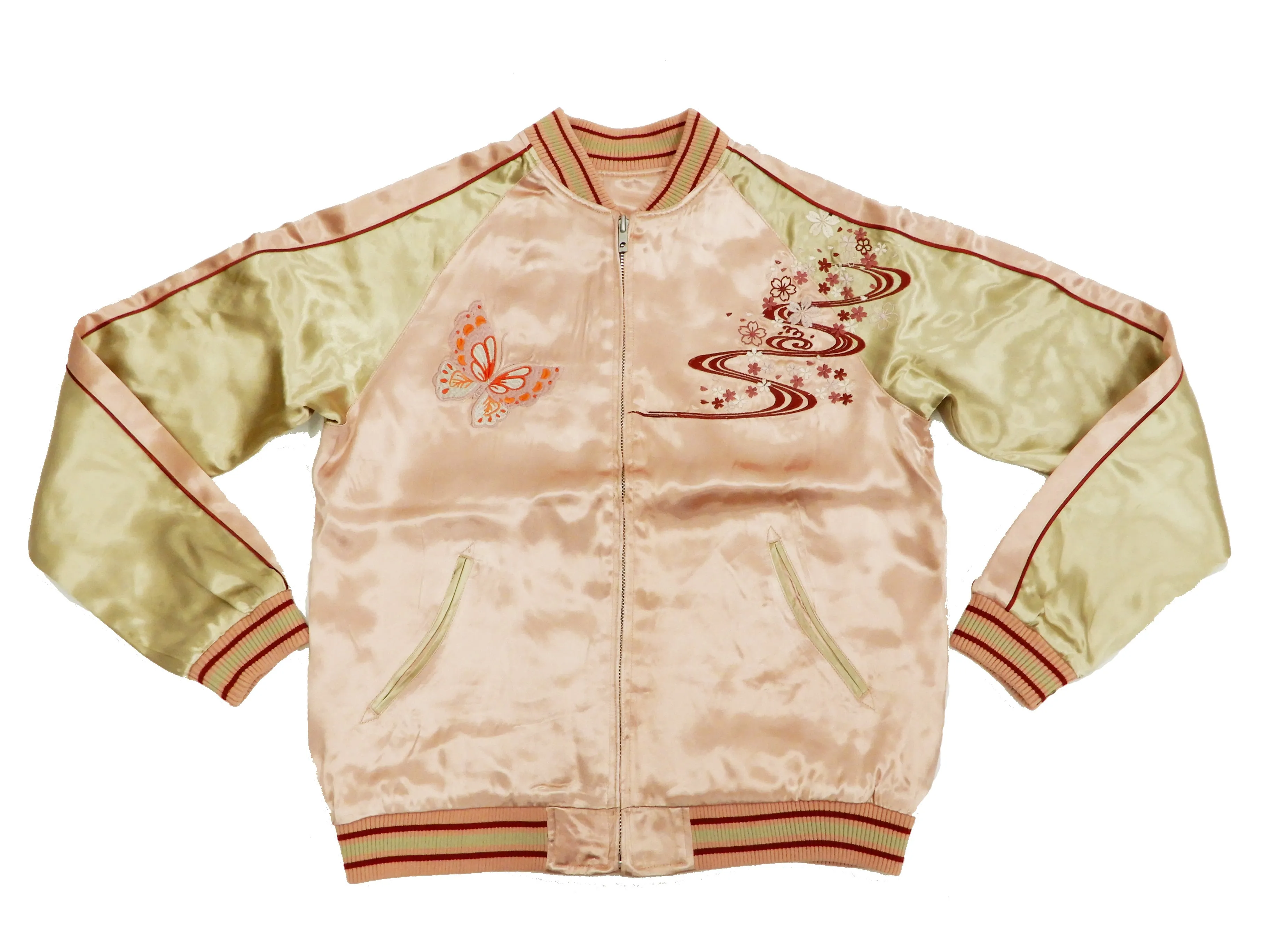 Japanesque Men's Japanese Souvenir Jacket Japanese Butterfly and Cherry Blossoms Sukajan 3RSJ-040 Pink/Beige