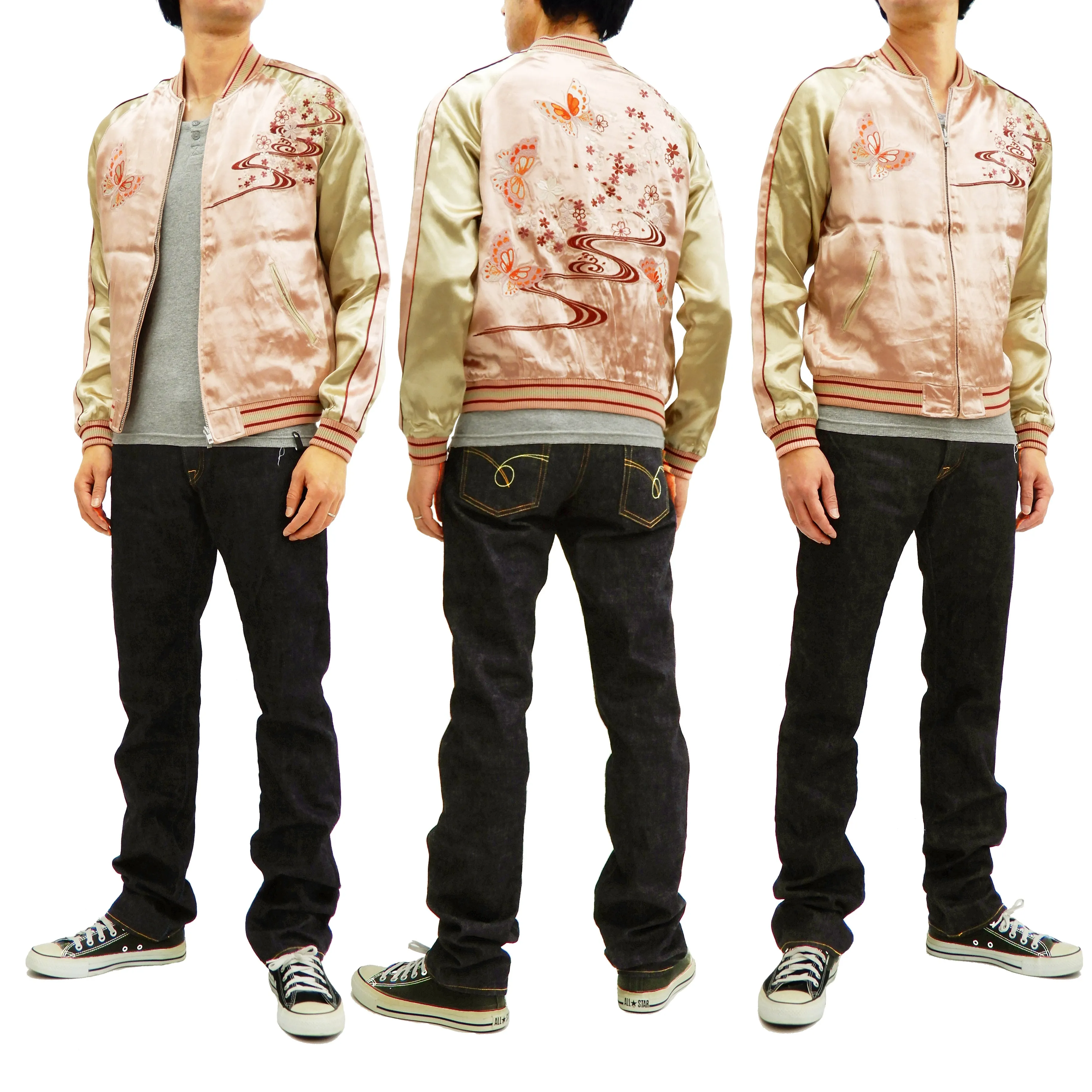 Japanesque Men's Japanese Souvenir Jacket Japanese Butterfly and Cherry Blossoms Sukajan 3RSJ-040 Pink/Beige