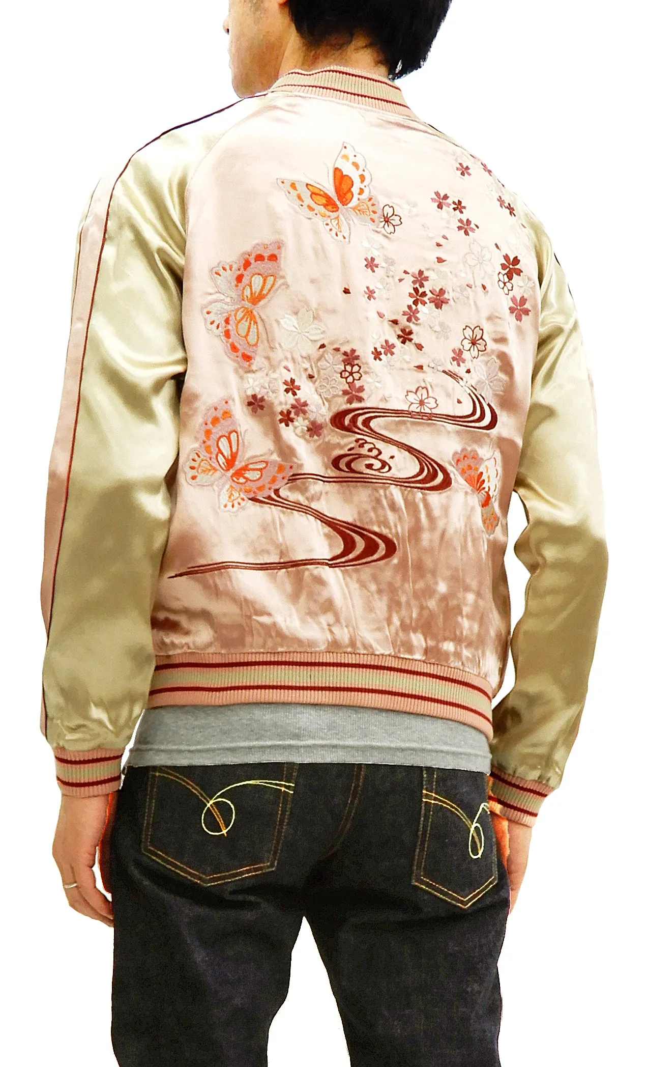 Japanesque Men's Japanese Souvenir Jacket Japanese Butterfly and Cherry Blossoms Sukajan 3RSJ-040 Pink/Beige