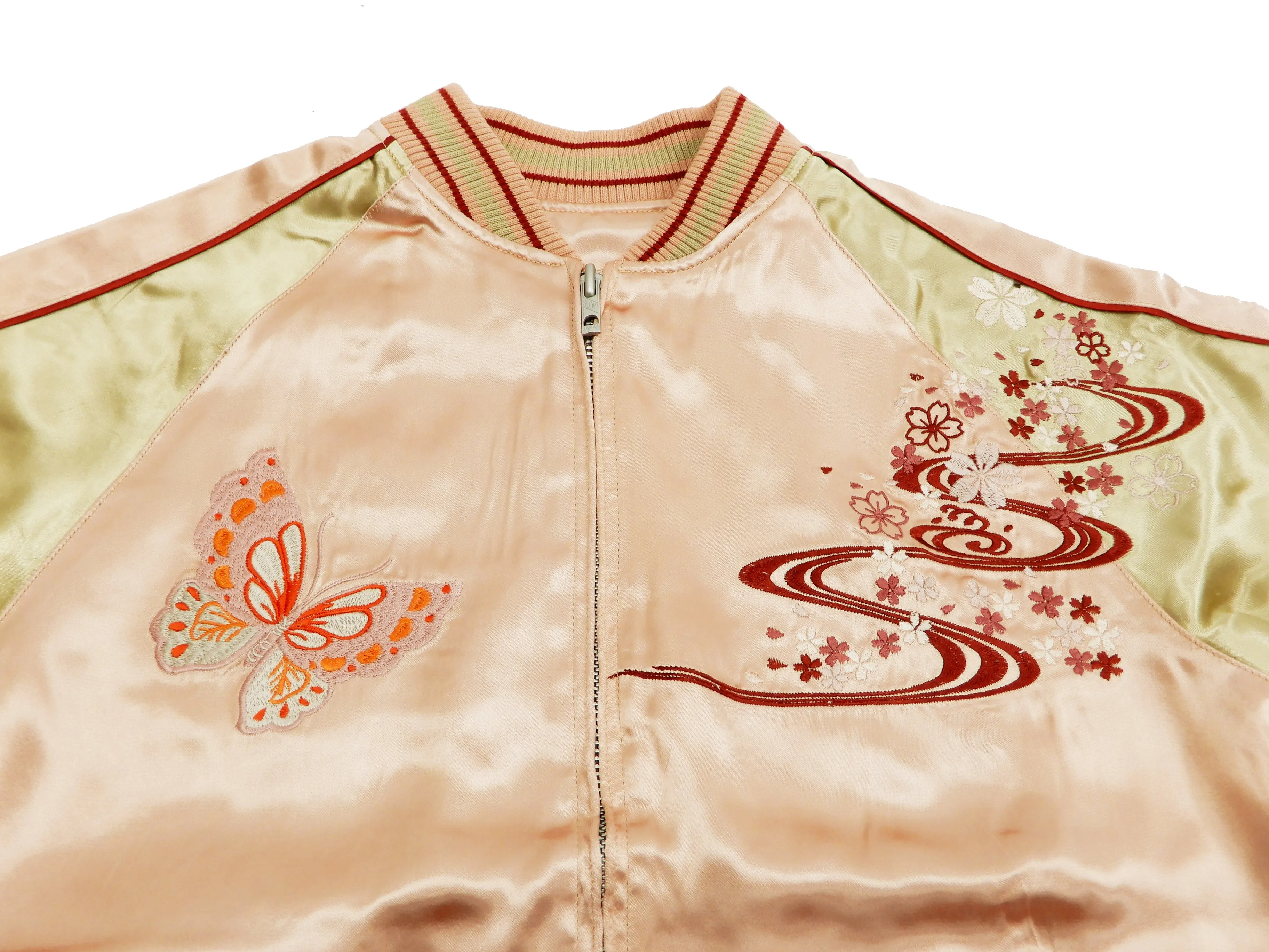 Japanesque Men's Japanese Souvenir Jacket Japanese Butterfly and Cherry Blossoms Sukajan 3RSJ-040 Pink/Beige