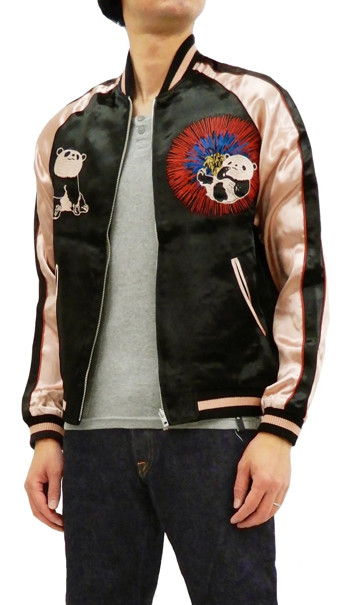 Japanesque Men's Japanese Souvenir Jacket Panda and Fireworks Sukajan 3RSJ-039 Black/Pink