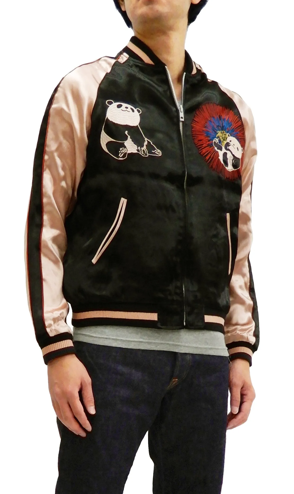 Japanesque Men's Japanese Souvenir Jacket Panda and Fireworks Sukajan 3RSJ-039 Black/Pink