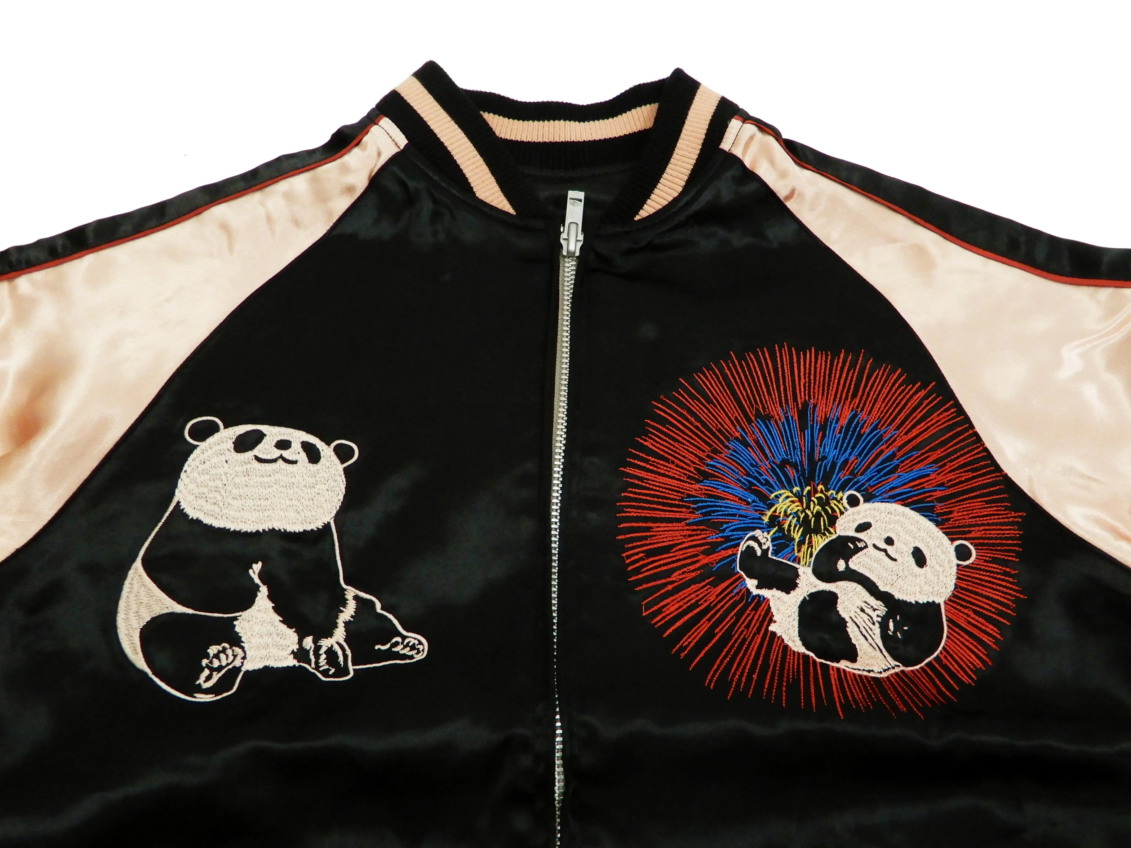 Japanesque Men's Japanese Souvenir Jacket Panda and Fireworks Sukajan 3RSJ-039 Black/Pink