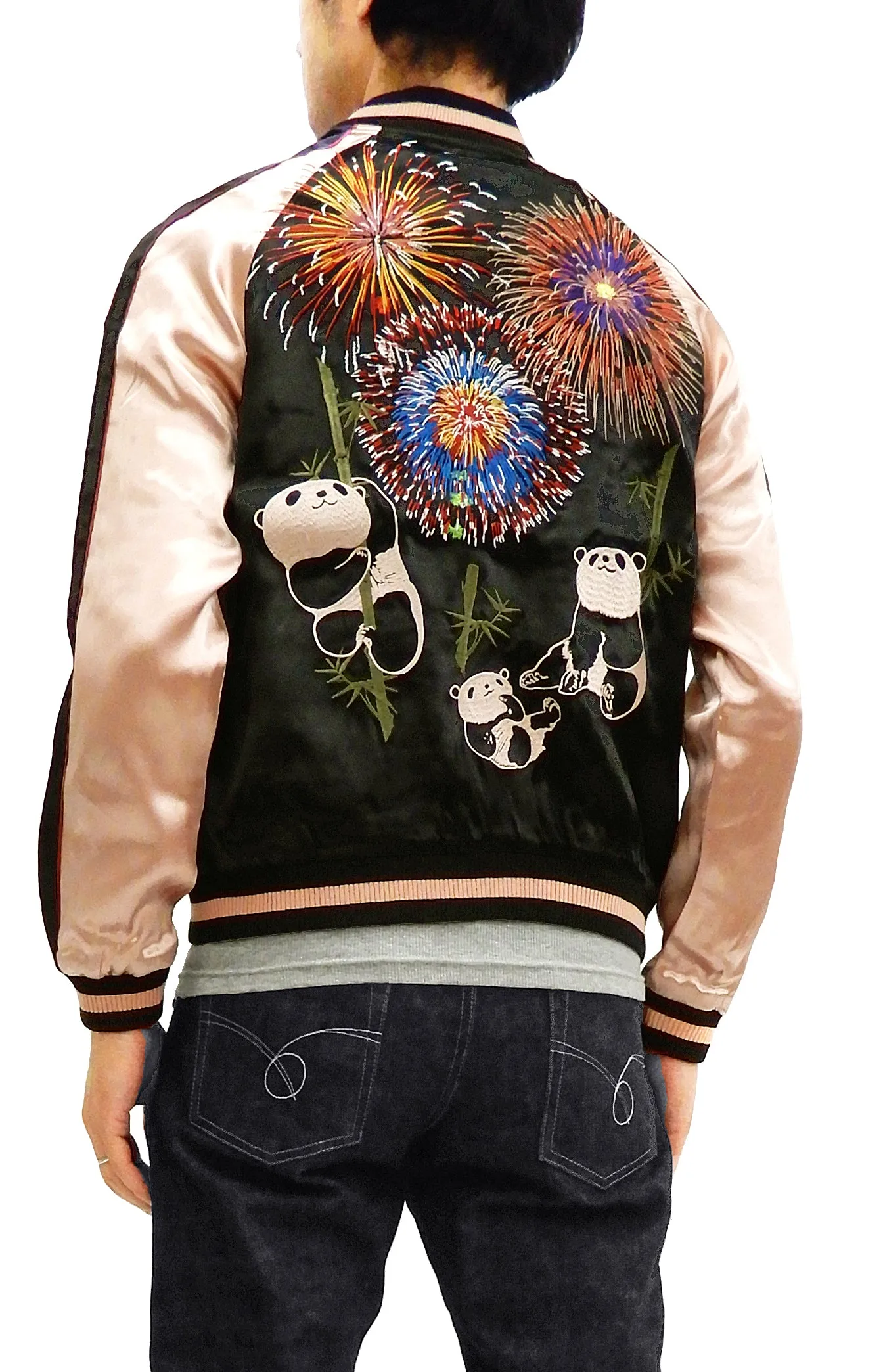 Japanesque Men's Japanese Souvenir Jacket Panda and Fireworks Sukajan 3RSJ-039 Black/Pink