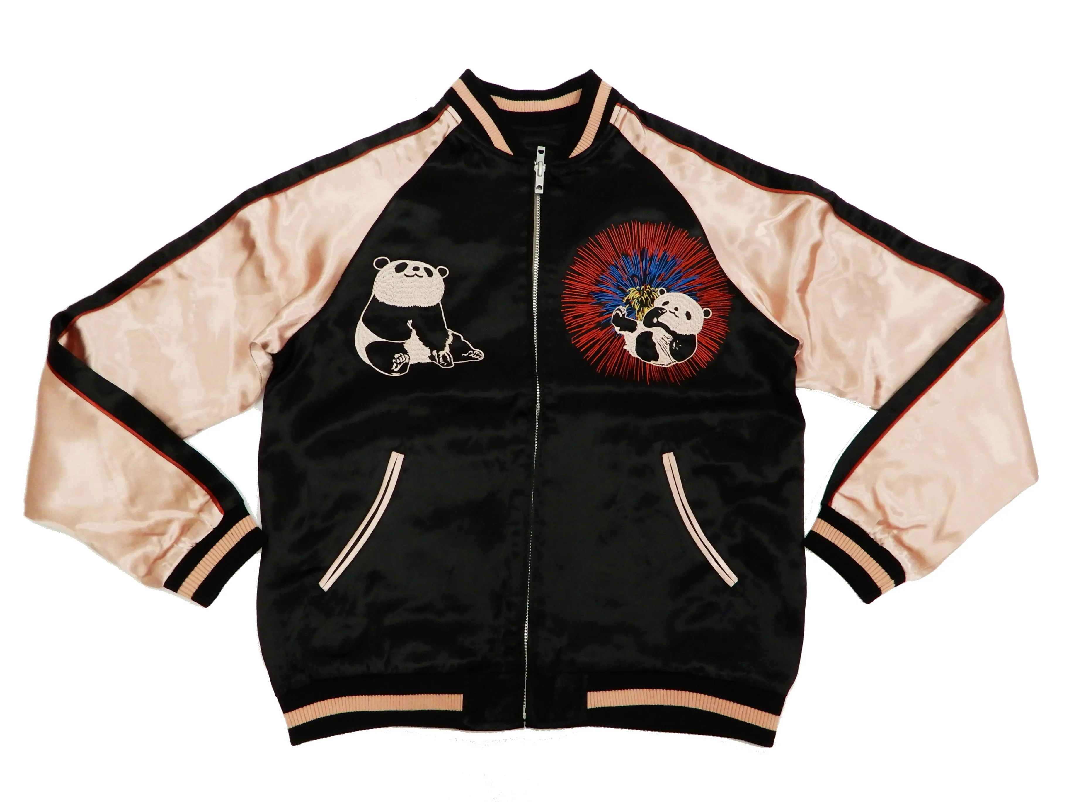 Japanesque Men's Japanese Souvenir Jacket Panda and Fireworks Sukajan 3RSJ-039 Black/Pink