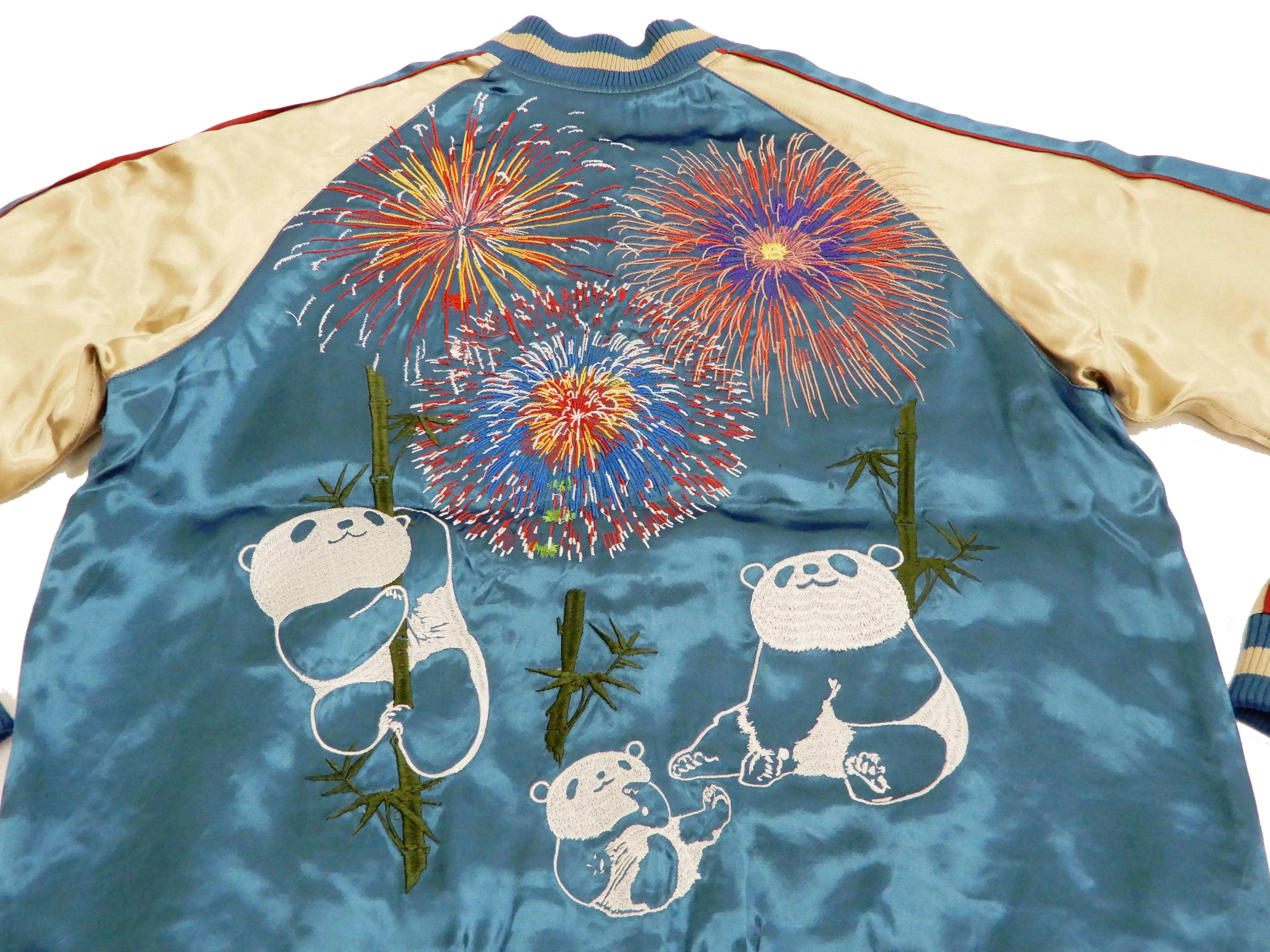 Japanesque Men's Japanese Souvenir Jacket Panda and Fireworks Sukajan 3RSJ-039 Blue/Beige