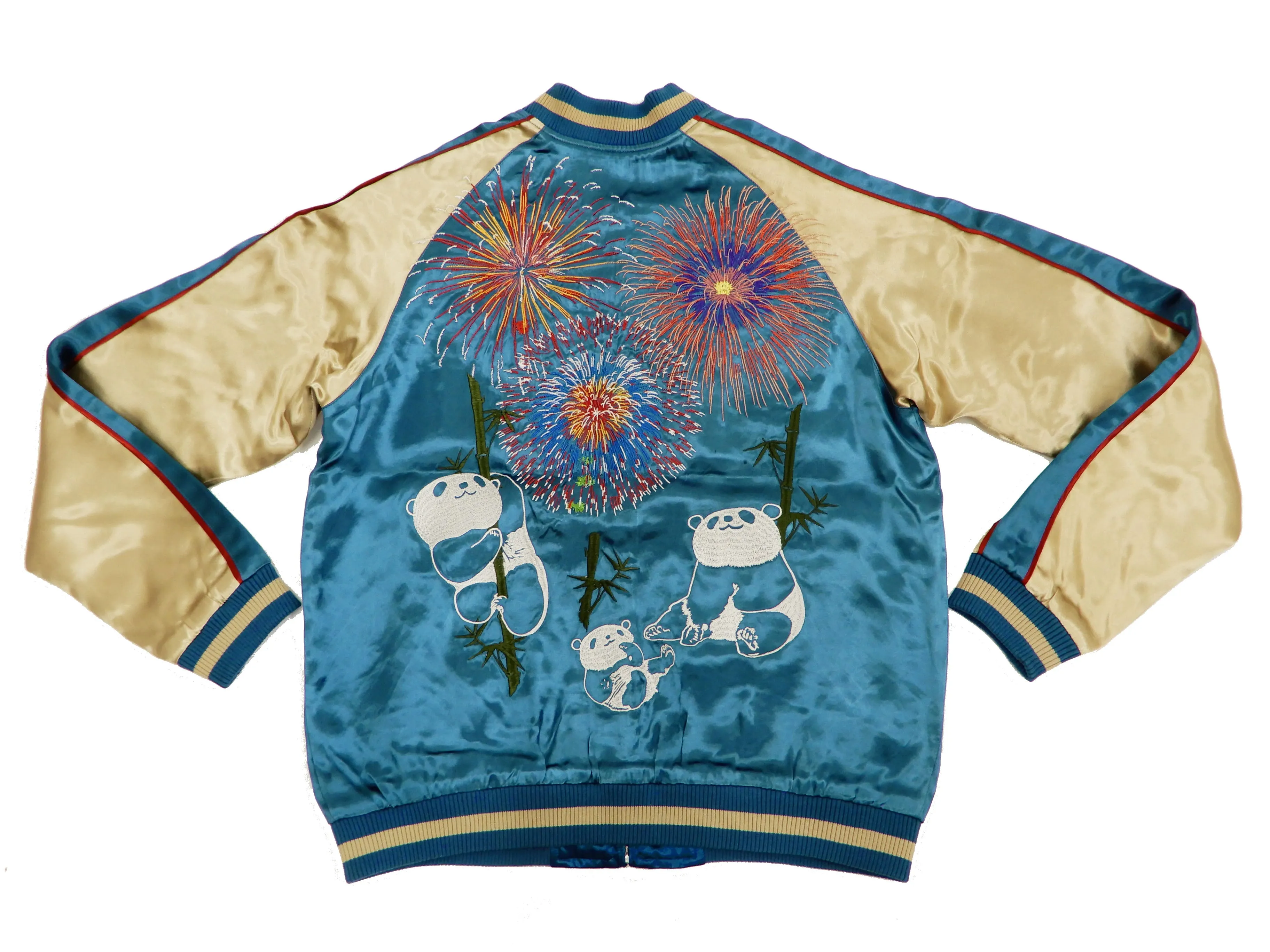 Japanesque Men's Japanese Souvenir Jacket Panda and Fireworks Sukajan 3RSJ-039 Blue/Beige