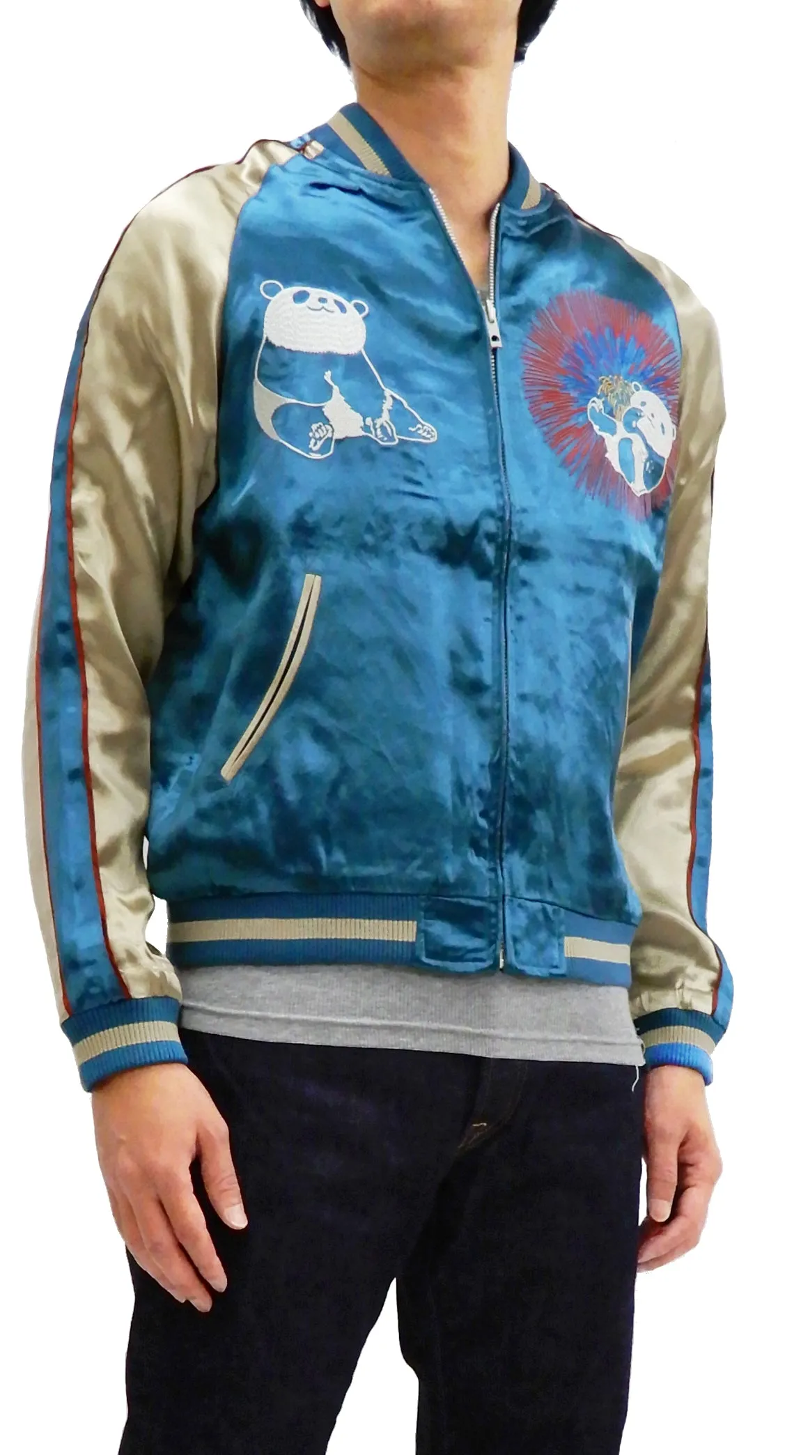 Japanesque Men's Japanese Souvenir Jacket Panda and Fireworks Sukajan 3RSJ-039 Blue/Beige