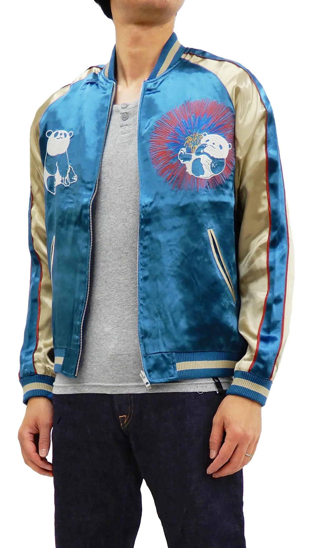 Japanesque Men's Japanese Souvenir Jacket Panda and Fireworks Sukajan 3RSJ-039 Blue/Beige