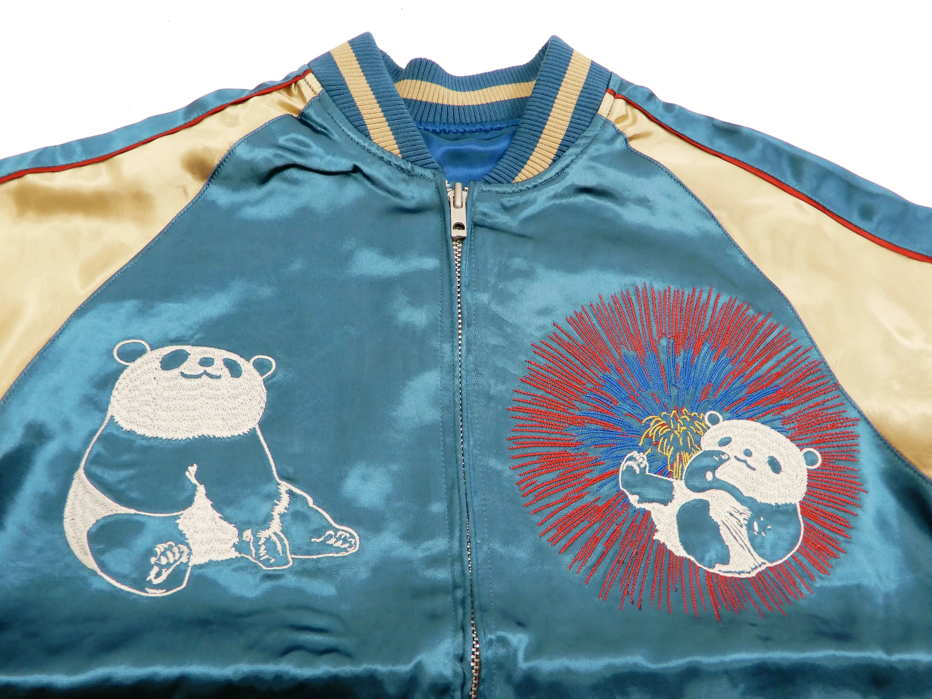 Japanesque Men's Japanese Souvenir Jacket Panda and Fireworks Sukajan 3RSJ-039 Blue/Beige