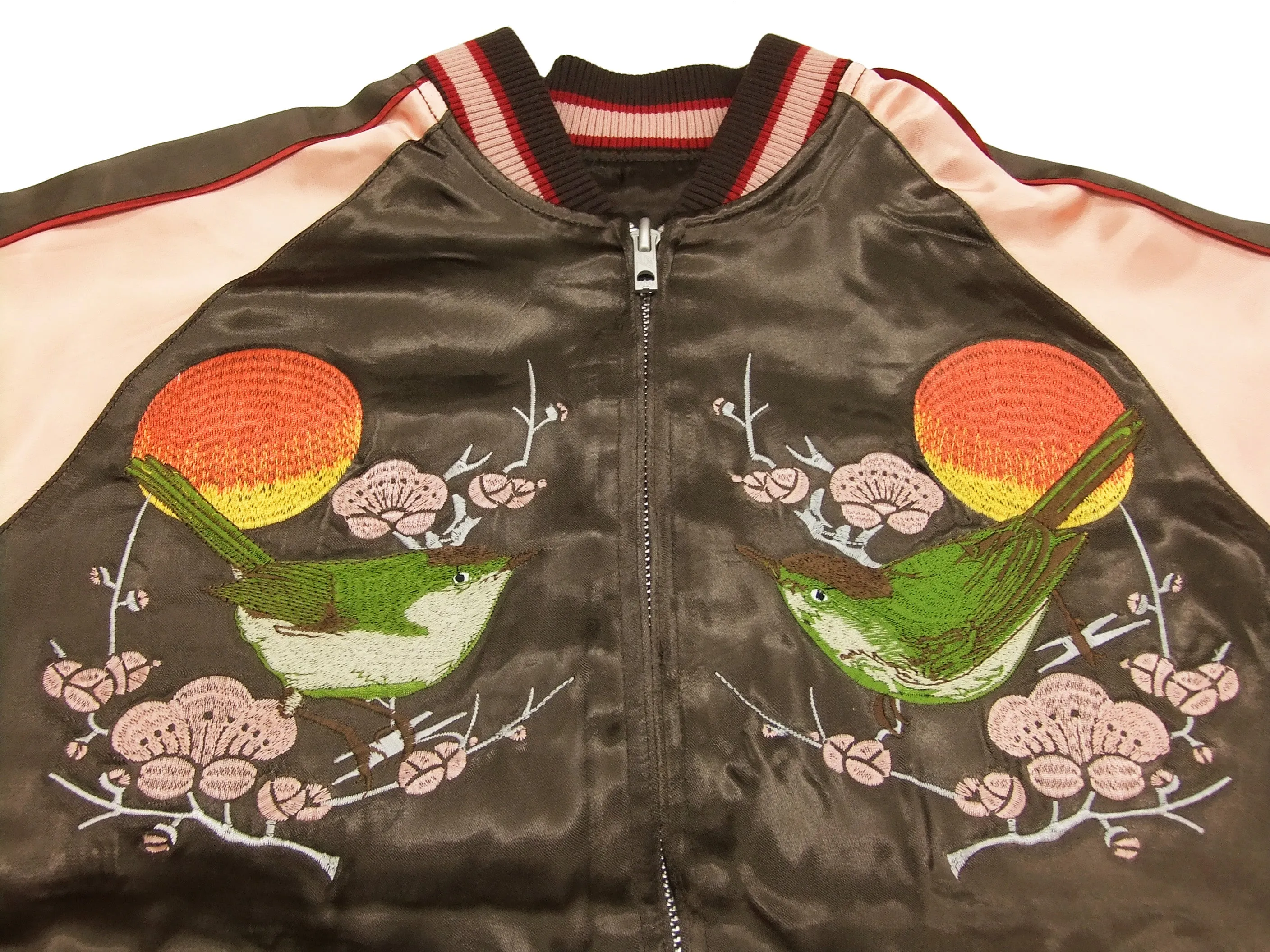 Japanesque Script Japanese Souvenir Jacket 3RSJ-030 Ume and Bird Men's Sukajan Charcoal-Gray/Pink