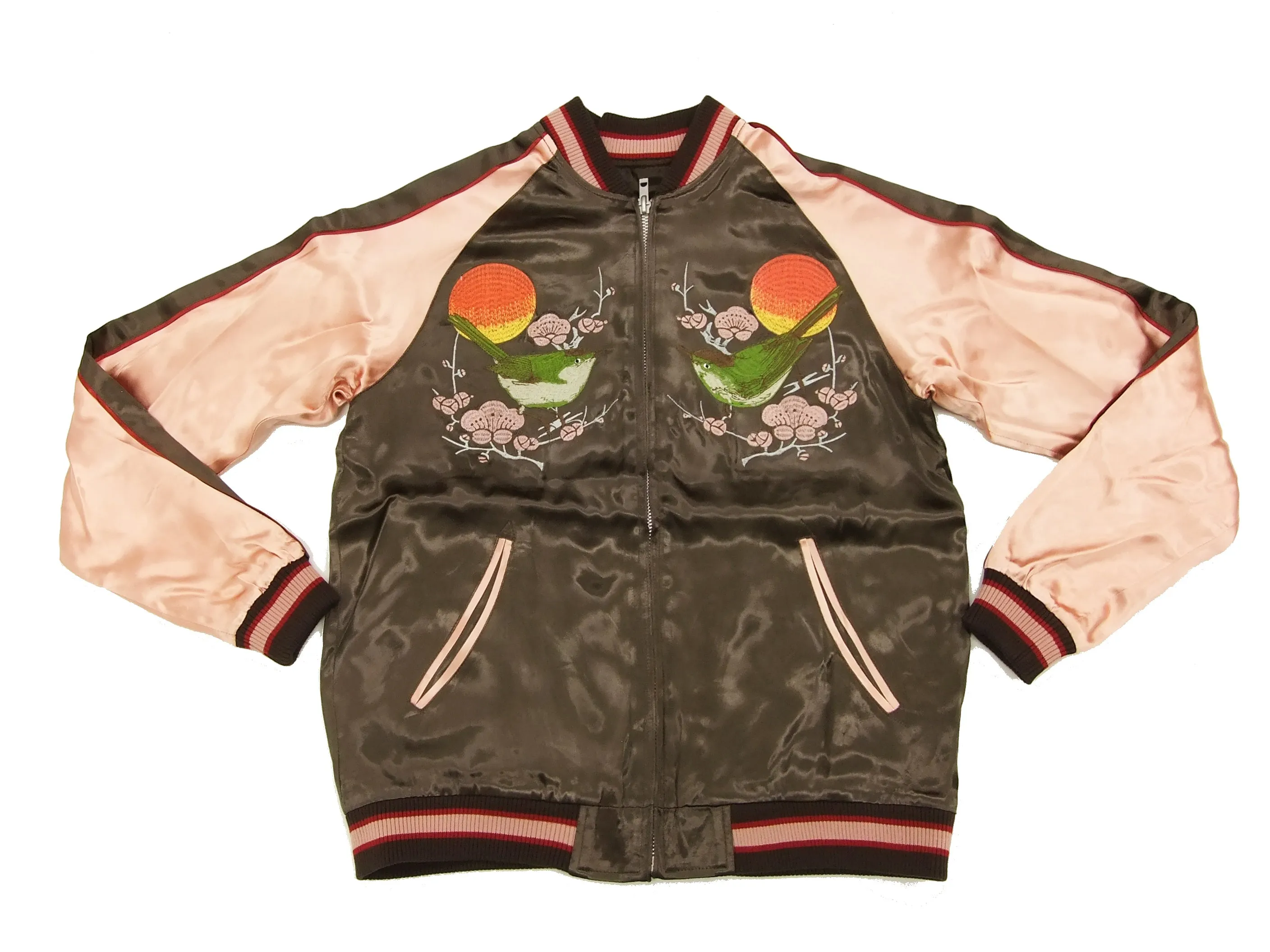 Japanesque Script Japanese Souvenir Jacket 3RSJ-030 Ume and Bird Men's Sukajan Charcoal-Gray/Pink