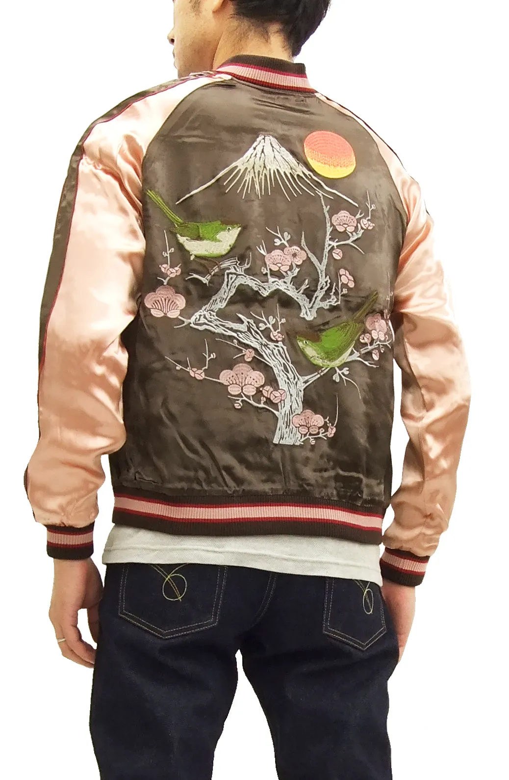 Japanesque Script Japanese Souvenir Jacket 3RSJ-030 Ume and Bird Men's Sukajan Charcoal-Gray/Pink