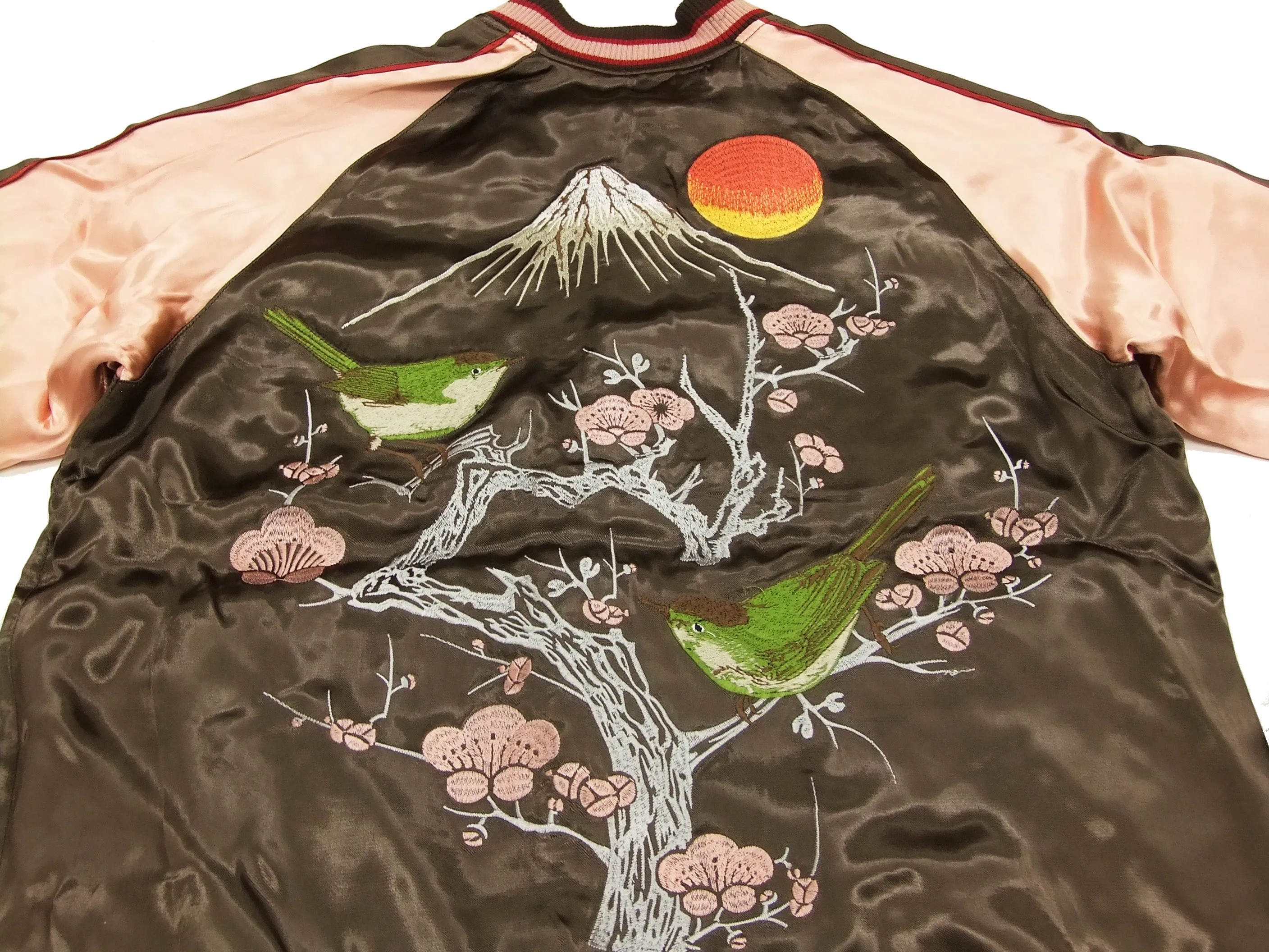 Japanesque Script Japanese Souvenir Jacket 3RSJ-030 Ume and Bird Men's Sukajan Charcoal-Gray/Pink