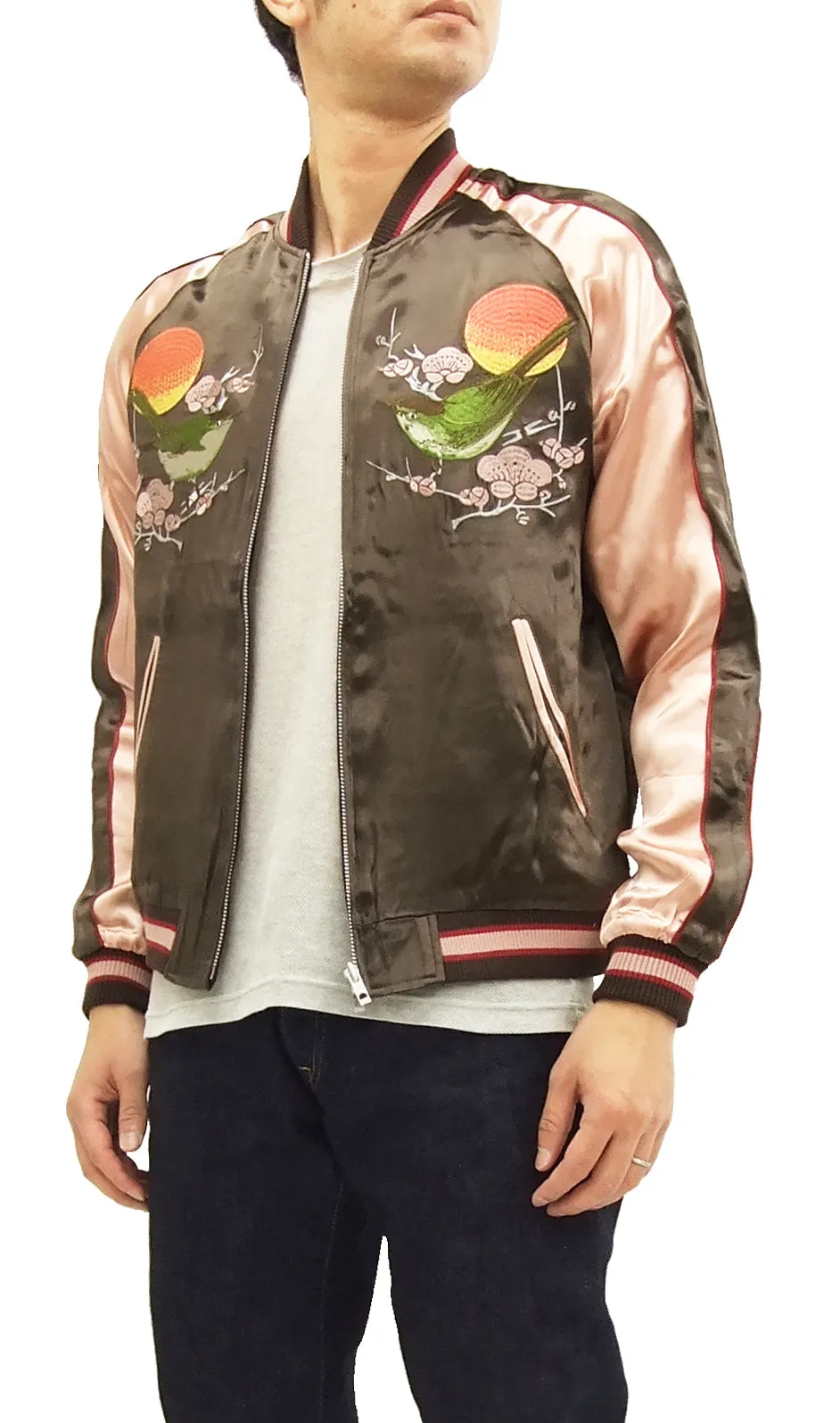 Japanesque Script Japanese Souvenir Jacket 3RSJ-030 Ume and Bird Men's Sukajan Charcoal-Gray/Pink