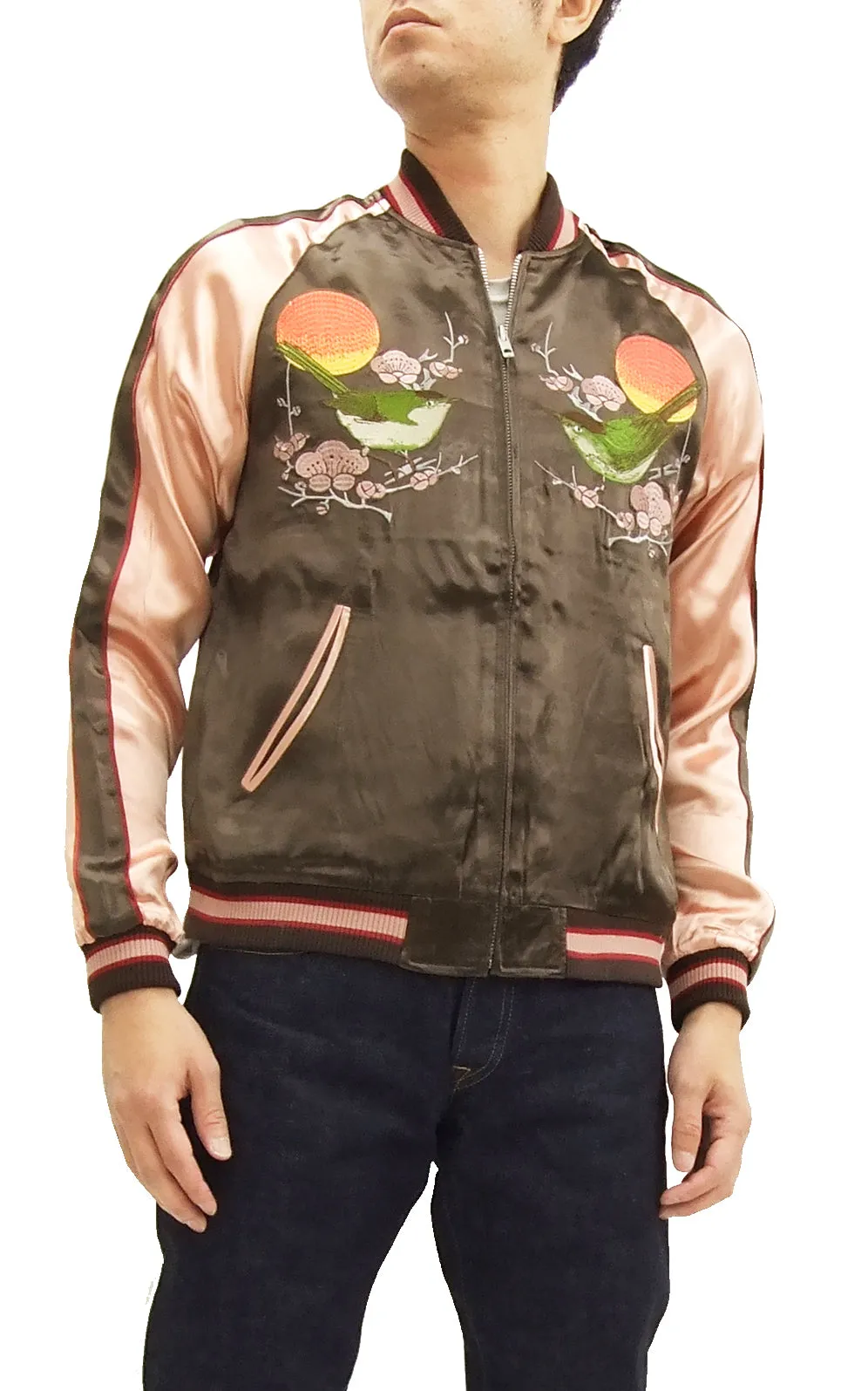 Japanesque Script Japanese Souvenir Jacket 3RSJ-030 Ume and Bird Men's Sukajan Charcoal-Gray/Pink