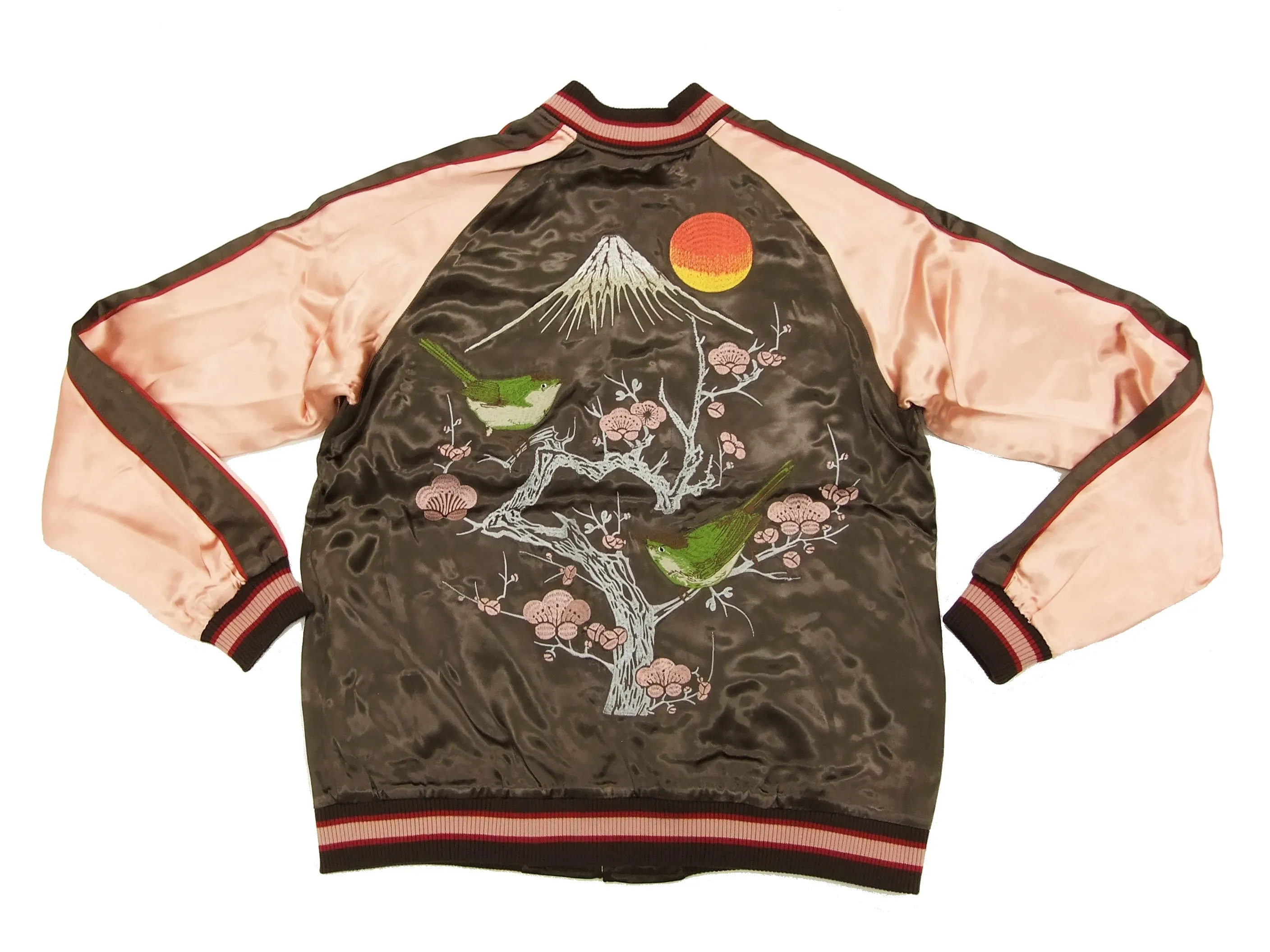 Japanesque Script Japanese Souvenir Jacket 3RSJ-030 Ume and Bird Men's Sukajan Charcoal-Gray/Pink