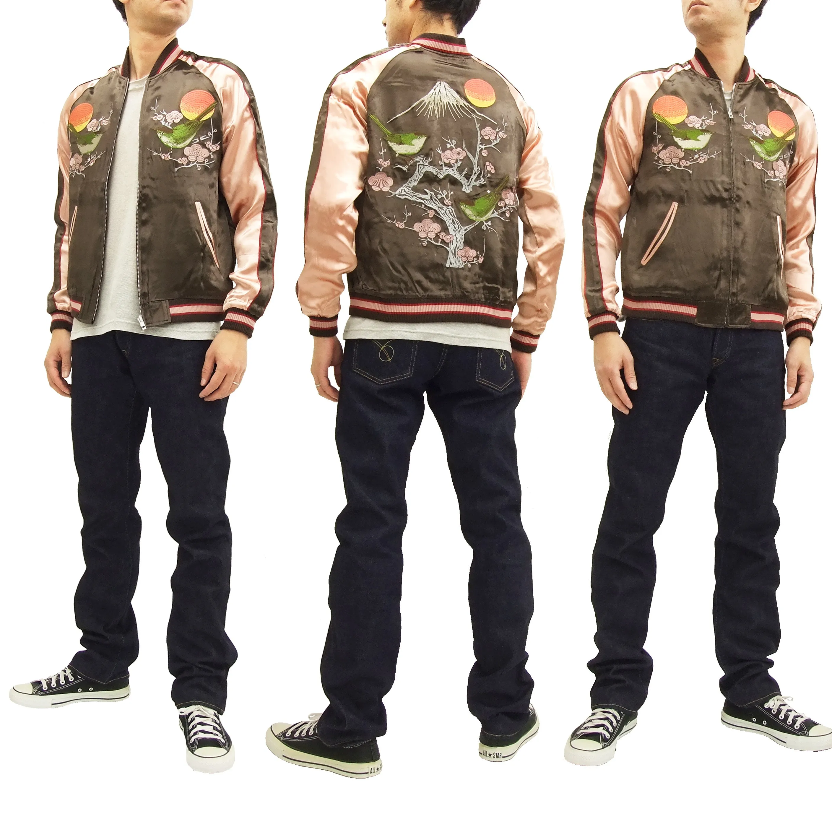 Japanesque Script Japanese Souvenir Jacket 3RSJ-030 Ume and Bird Men's Sukajan Charcoal-Gray/Pink