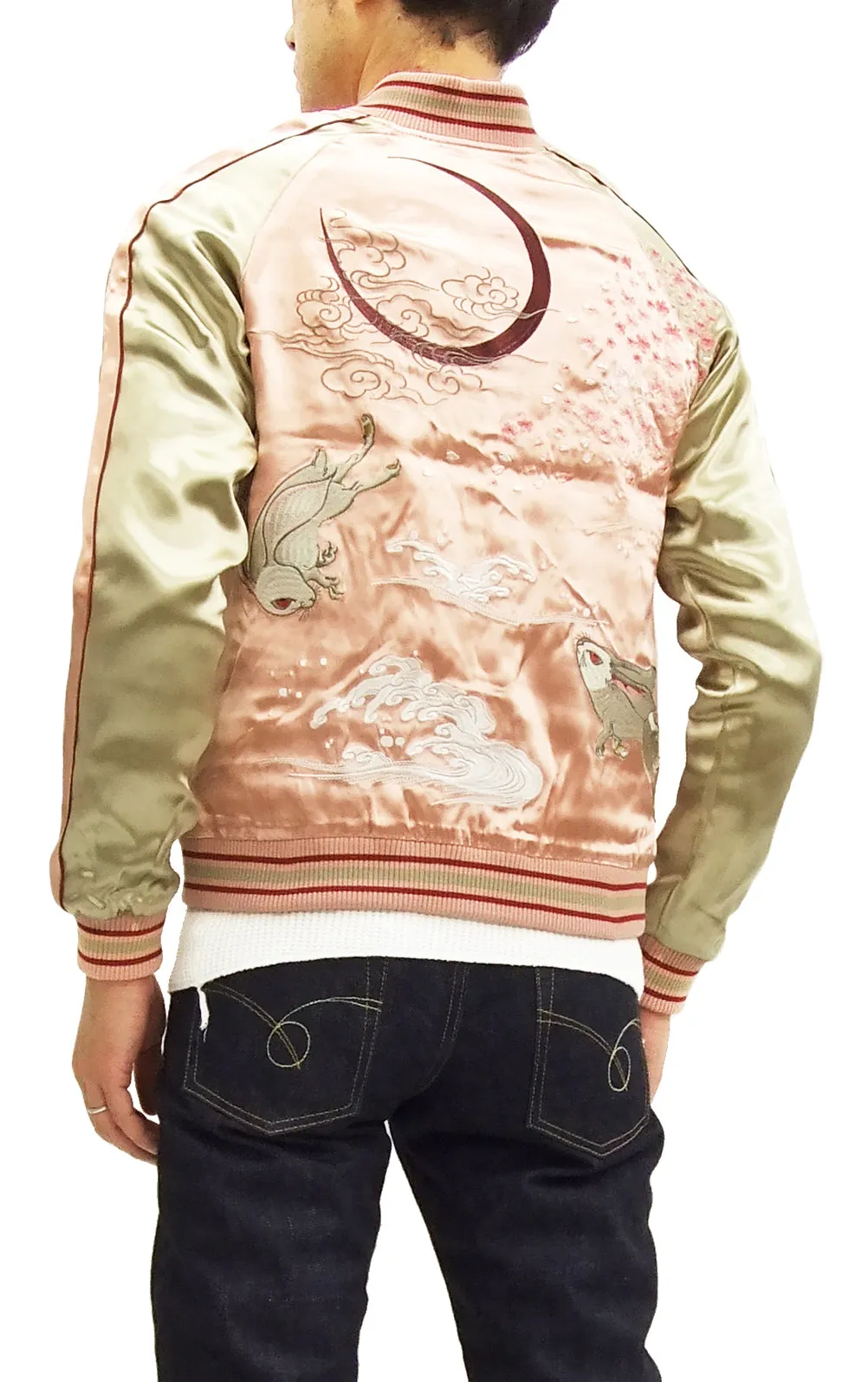 Japanesque Script Japanese Souvenir Jacket 3RSJ-037 Rabbit Men's Sukajan Pink/Gold