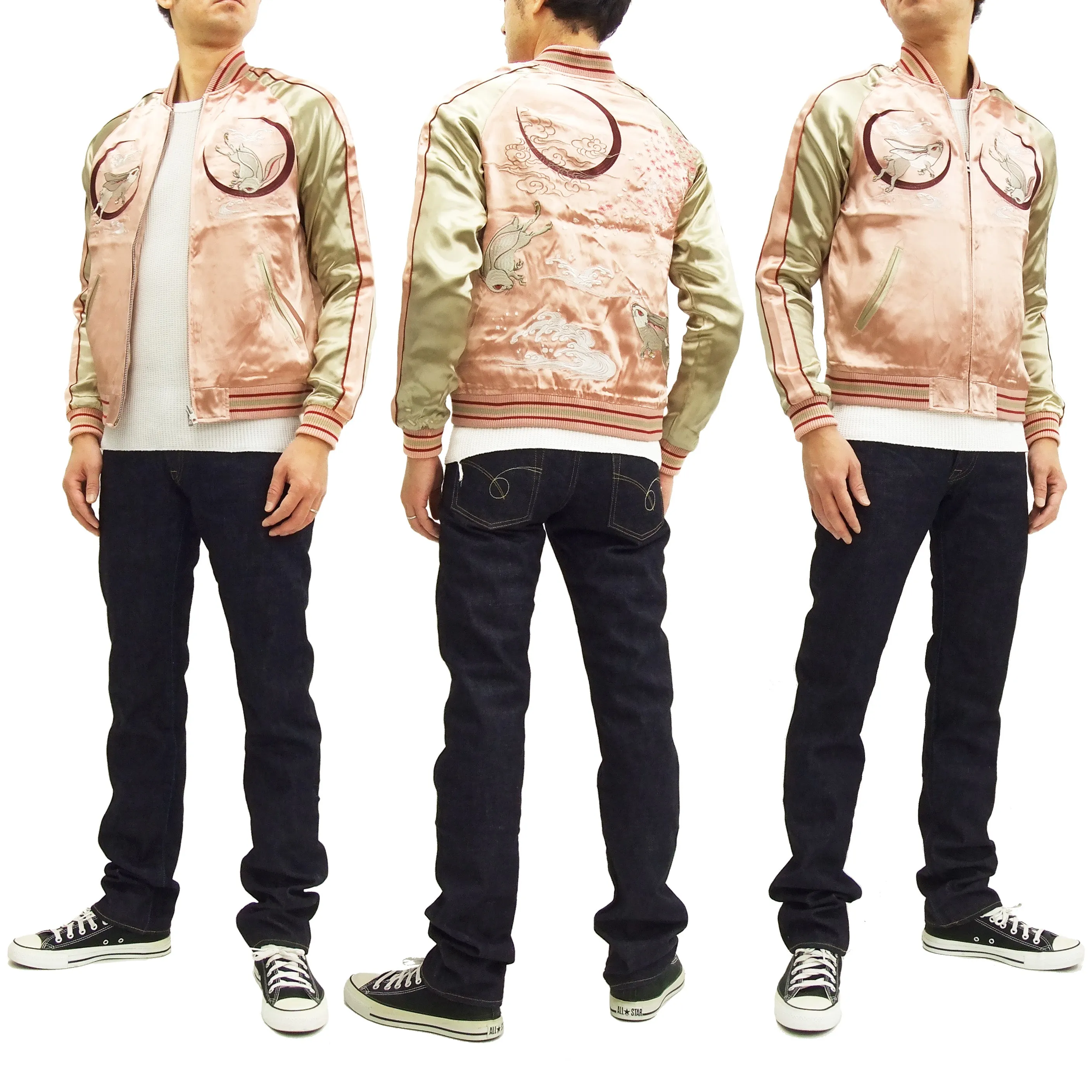 Japanesque Script Japanese Souvenir Jacket 3RSJ-037 Rabbit Men's Sukajan Pink/Gold