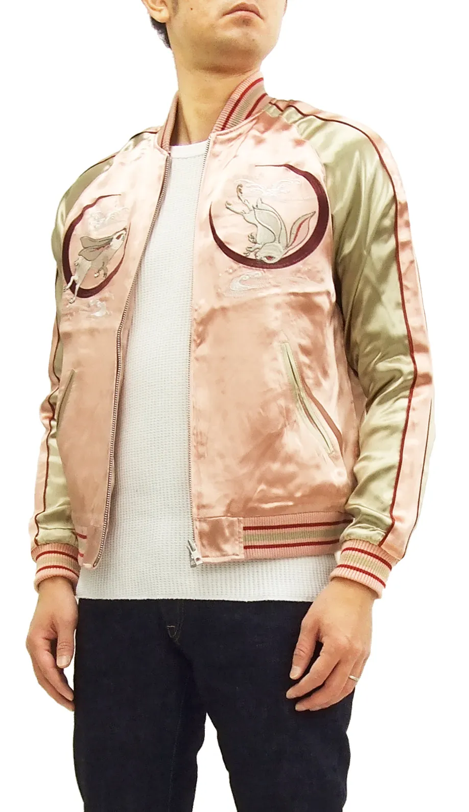 Japanesque Script Japanese Souvenir Jacket 3RSJ-037 Rabbit Men's Sukajan Pink/Gold