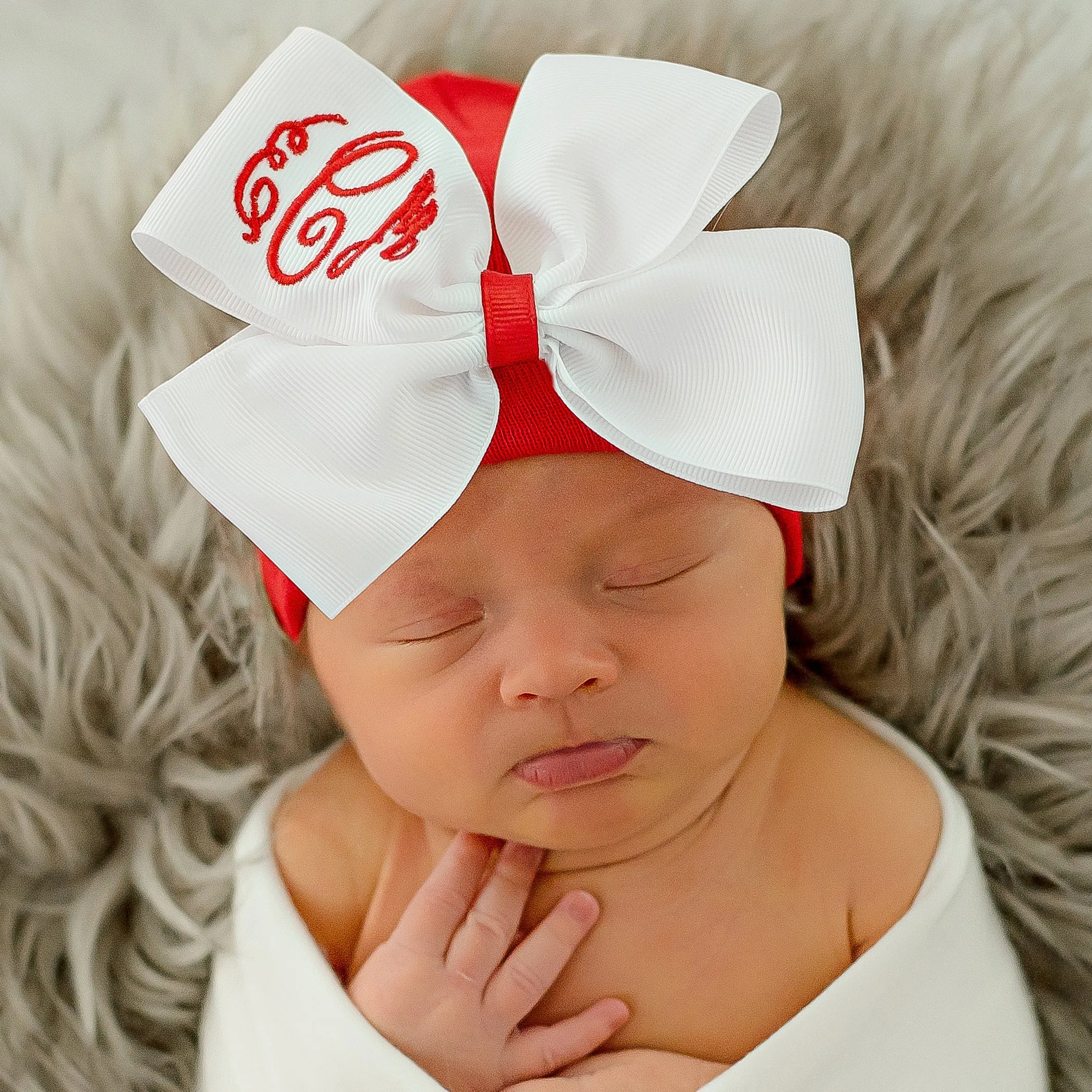 Jolly Red and Candy Striped Hospital Hat White Bow with Monogramed Initials