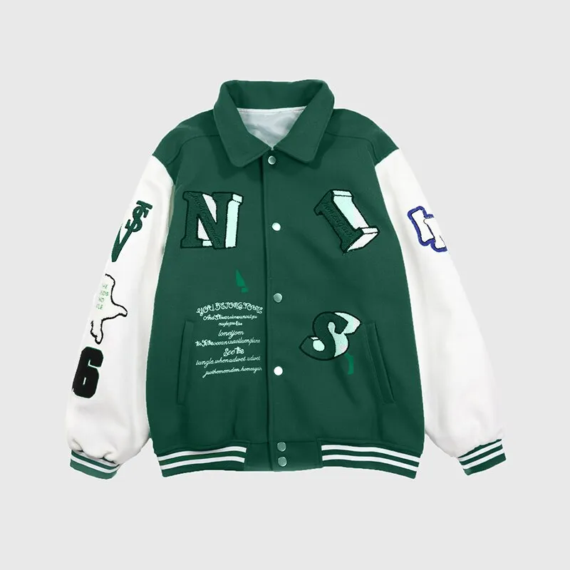 Joskaa Christmas Gift Couple Ins Green Contrast PU Leather Sleeve Bomber Jacket Women Autumn Fashion Street Letter Embroidery Baseball Uniform Jacket