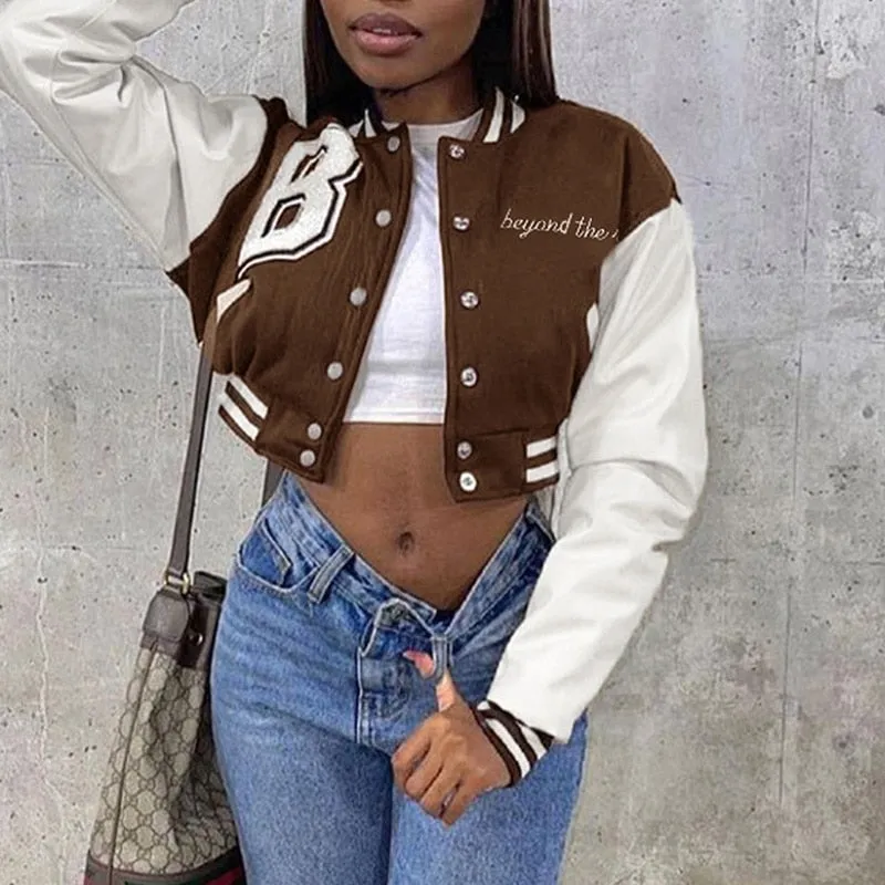 Joskaa Christmas Gift Letter Print Varsity Y2K Color Patchwork Cropped Baseball Jacket For Women 2024 Autumn Long Sleeve Loose Short Bomber Jacket