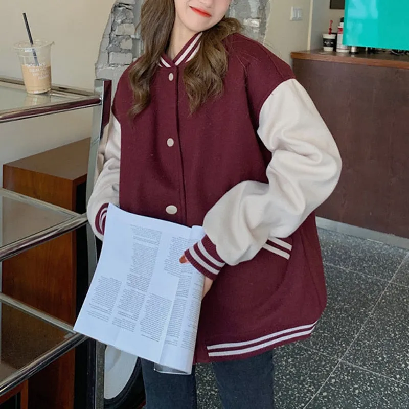 Joskaa Christmas Gift Women Baseball Bomber Jacket Autumn Casual Loose Pockets Stripe Single Breasted Patchwork Oversized Jacket Coat Outerwear Tops