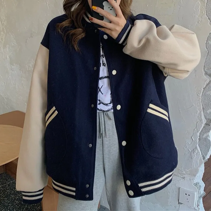 Joskaa Christmas Gift Women Baseball Bomber Jacket Autumn Casual Loose Pockets Stripe Single Breasted Patchwork Oversized Jacket Coat Outerwear Tops