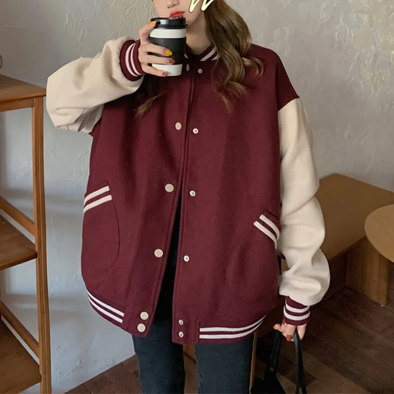 Joskaa Christmas Gift Women Baseball Bomber Jacket Autumn Casual Loose Pockets Stripe Single Breasted Patchwork Oversized Jacket Coat Outerwear Tops