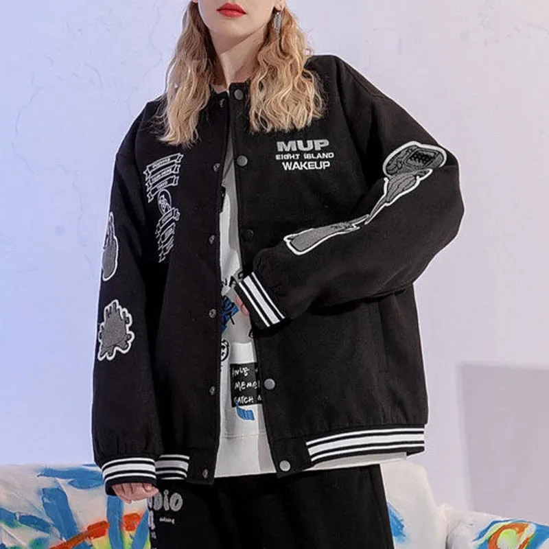 Joskaa Christmas Gift Women BiggOrange Autumn Embroidered Printing Leather Baseball Jacket Coat Couple Bomber Unisex Style Varsity Hip Hop Street 2024