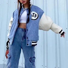 Joskaa Christmas Gift Women Letter Printed Denim Bomber Jacket Female Autummn Harajuku Single Breasted Oversized Hip Hop Streetwear Baseball Uniform