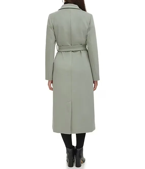 Kenneth Cole Convertible Collar Wool Blend Belted Maxi Coat - Sage