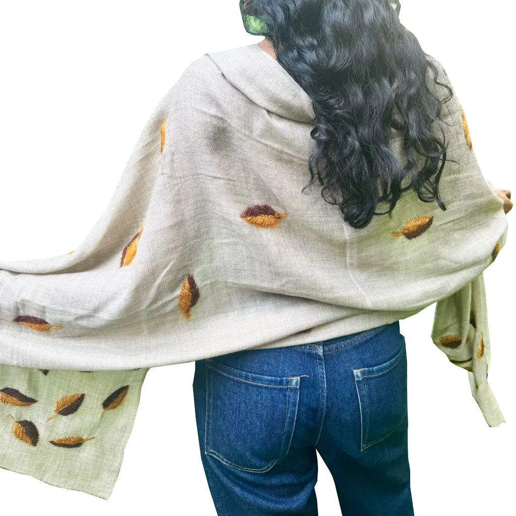 Konkan Cashmere Shawl with Yellow wool embroidered leaves