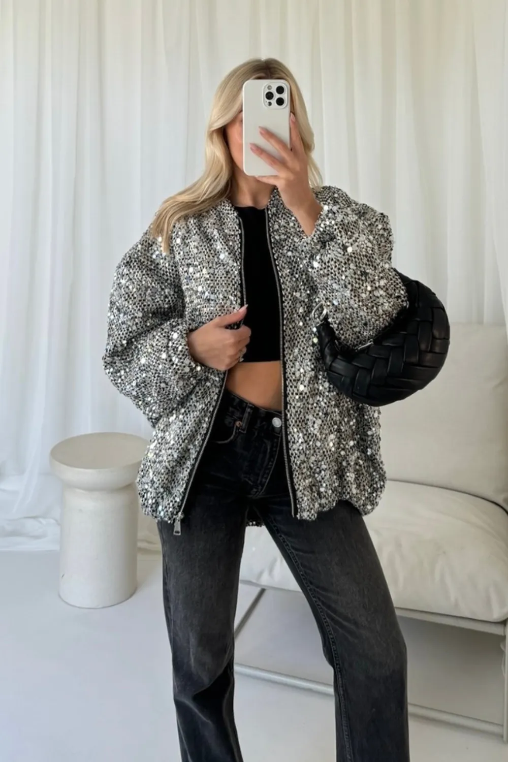 Kylie silver sequin bomber jacket