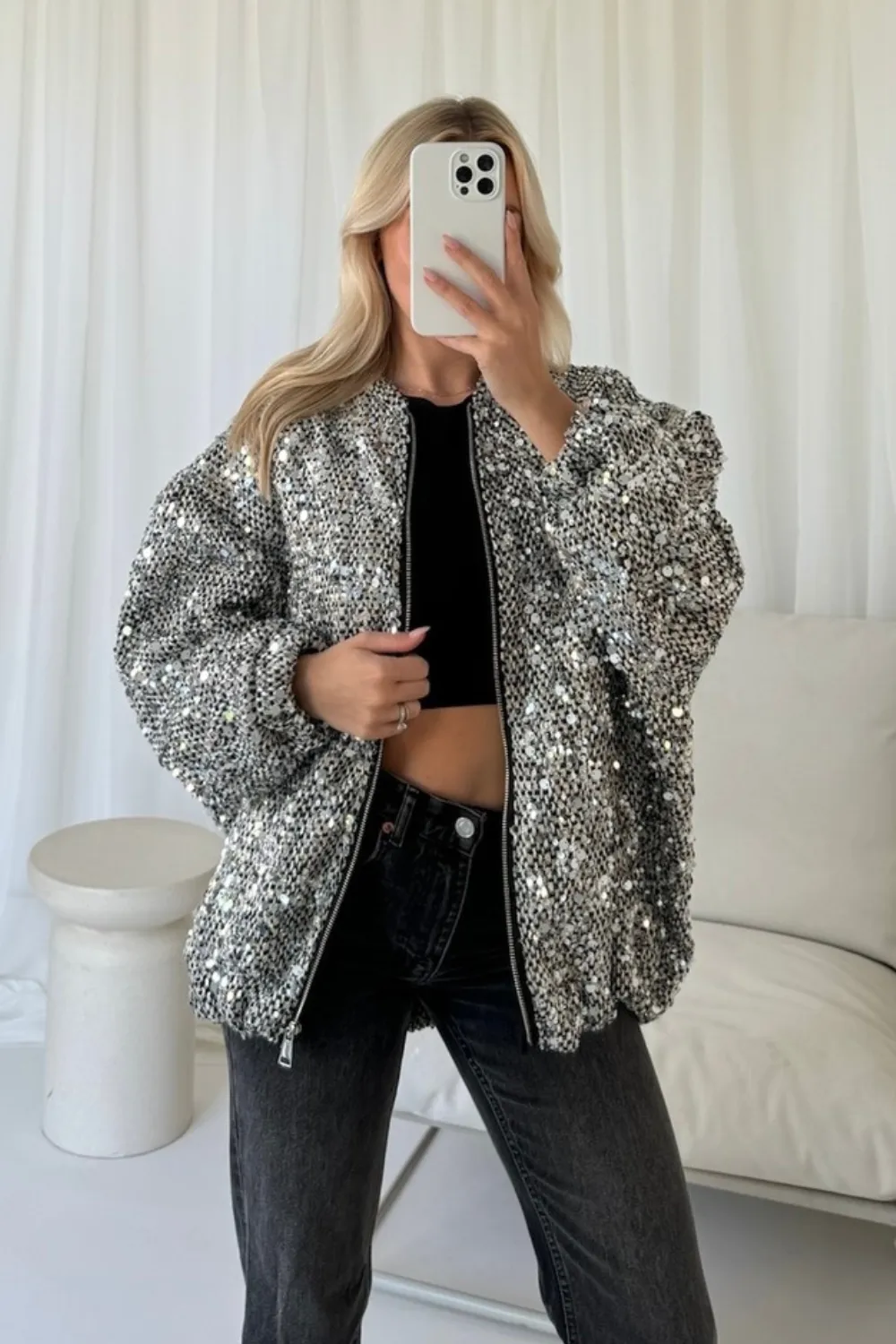 Kylie silver sequin bomber jacket