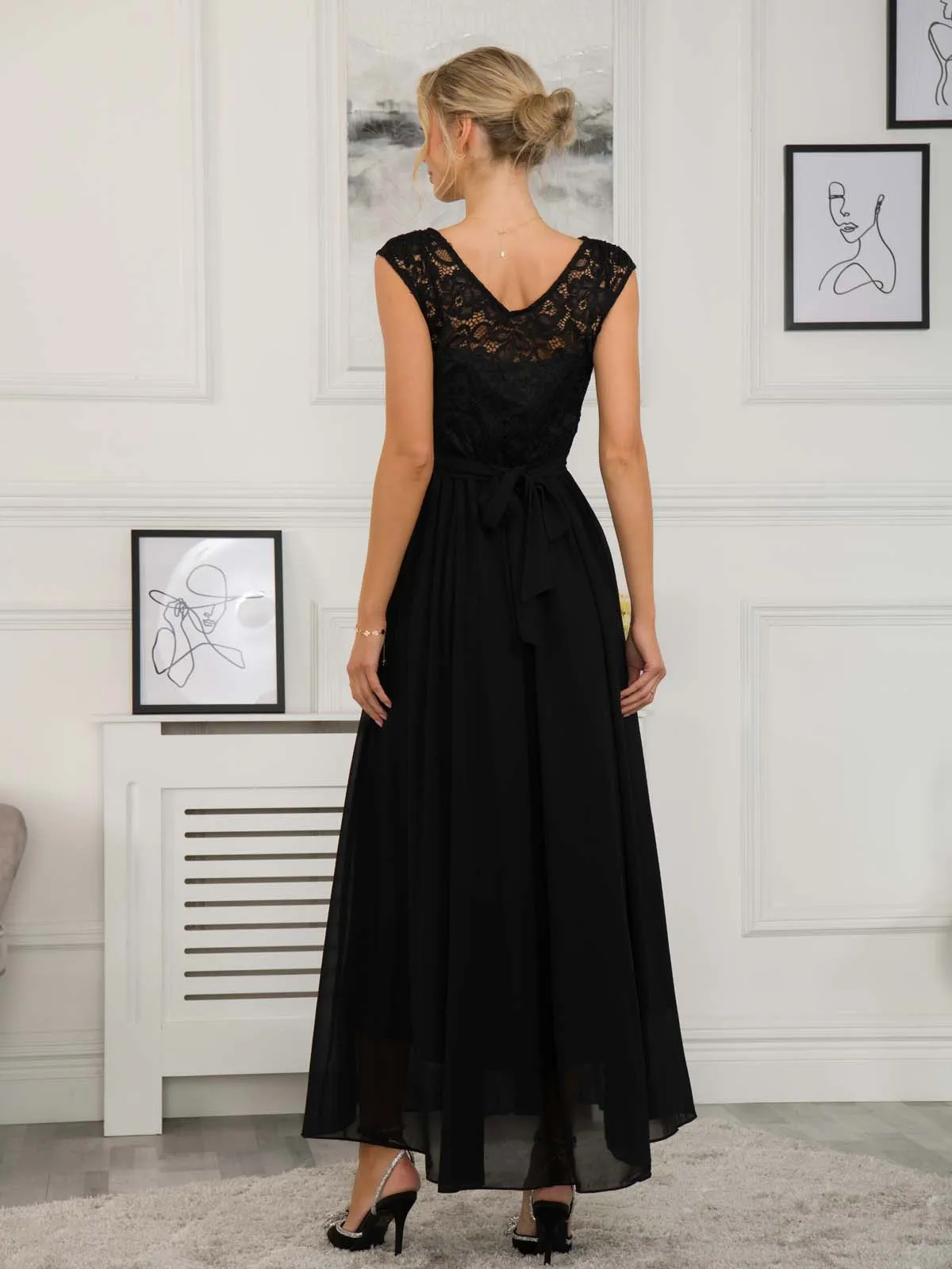 Lace Bodice Chiffon Maxi Bridesmaid Dress, Black