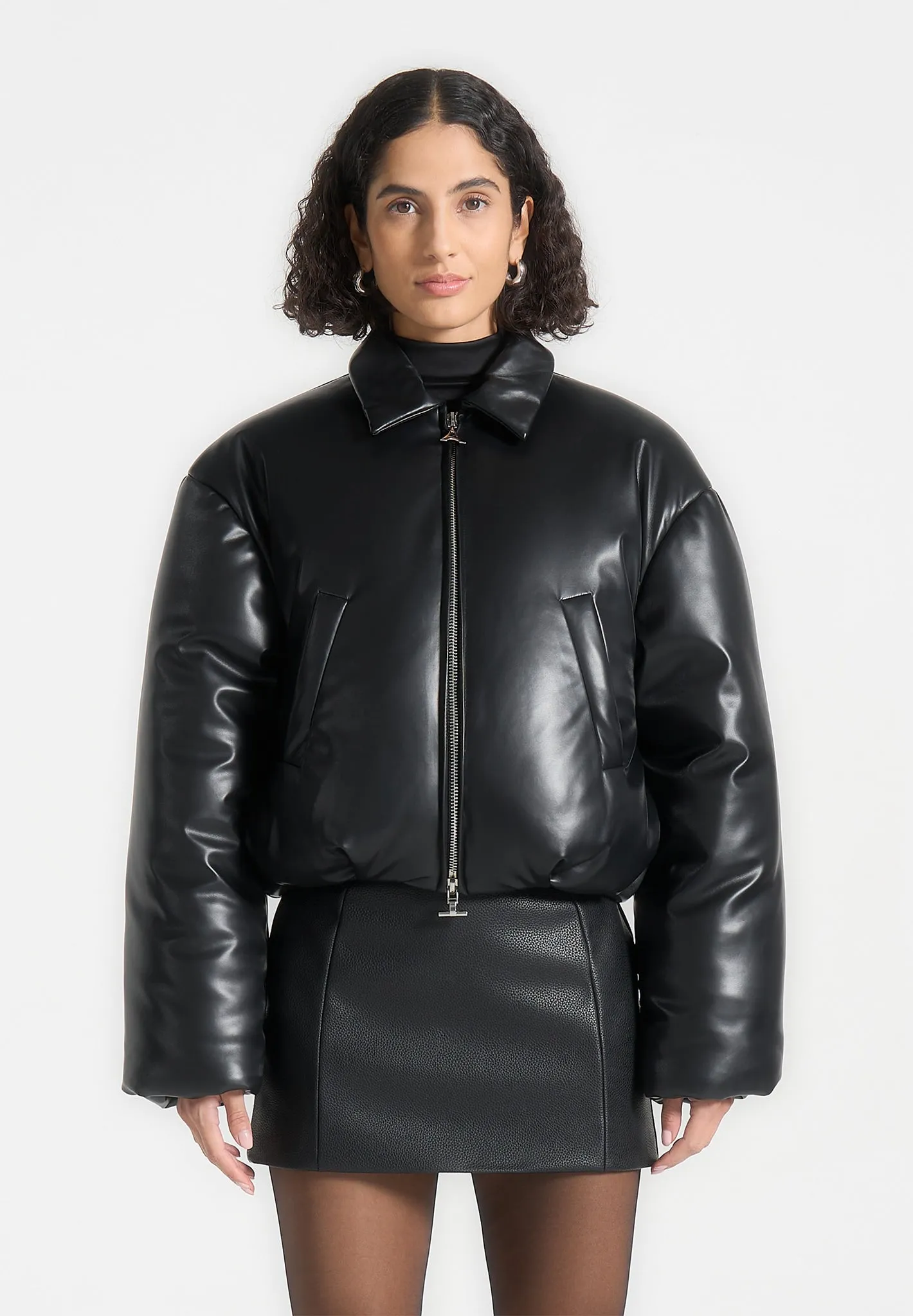 Leather Padded Bomber Jacket - Black