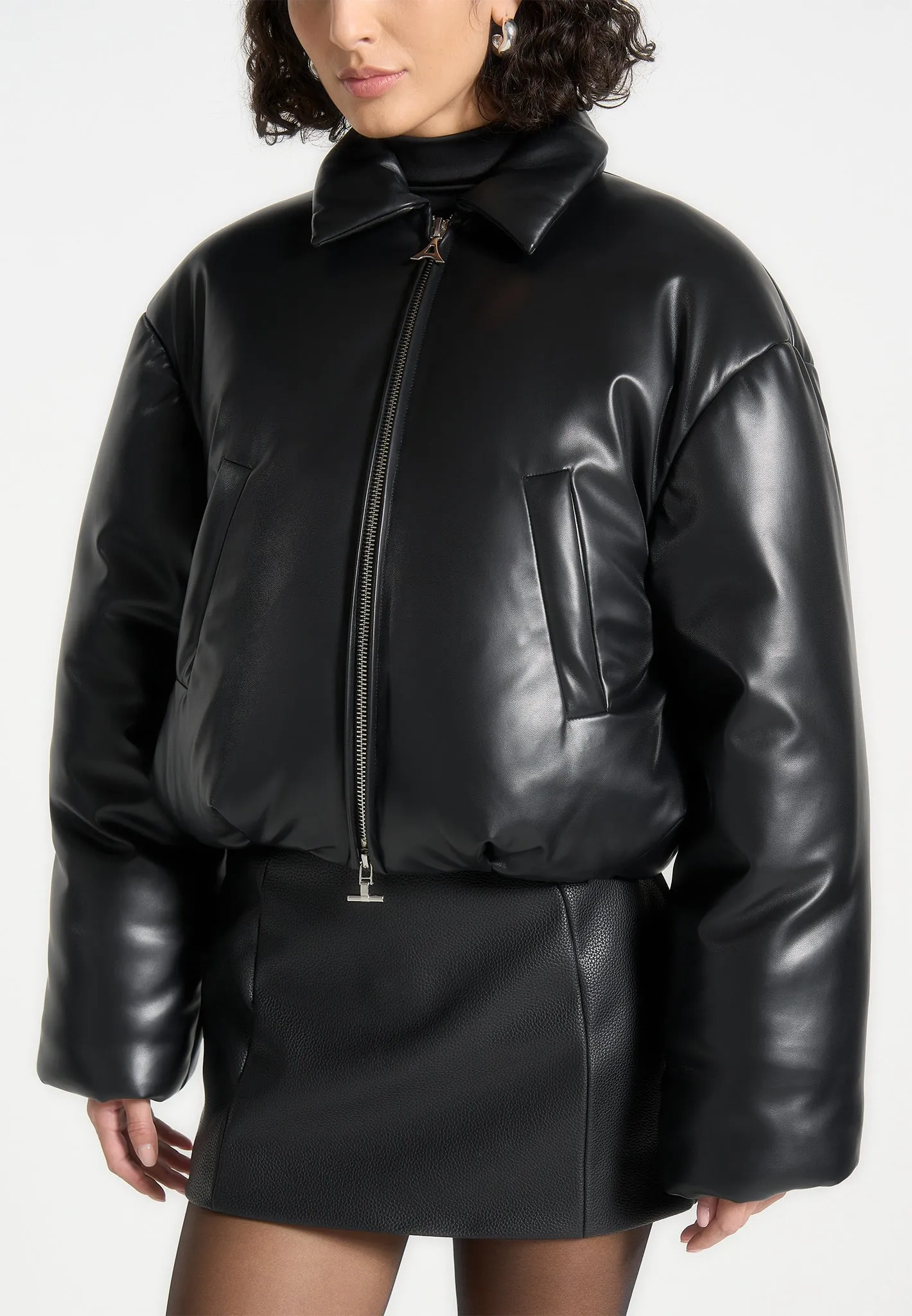 Leather Padded Bomber Jacket - Black