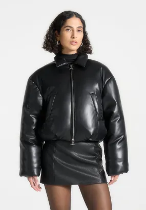 Leather Padded Bomber Jacket - Black