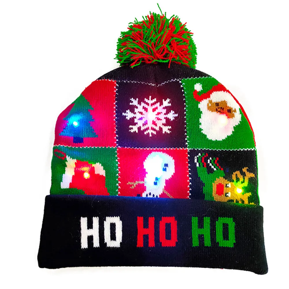 LED Christmas Theme Xmas Beanie Knitted Hat - Battery Operated