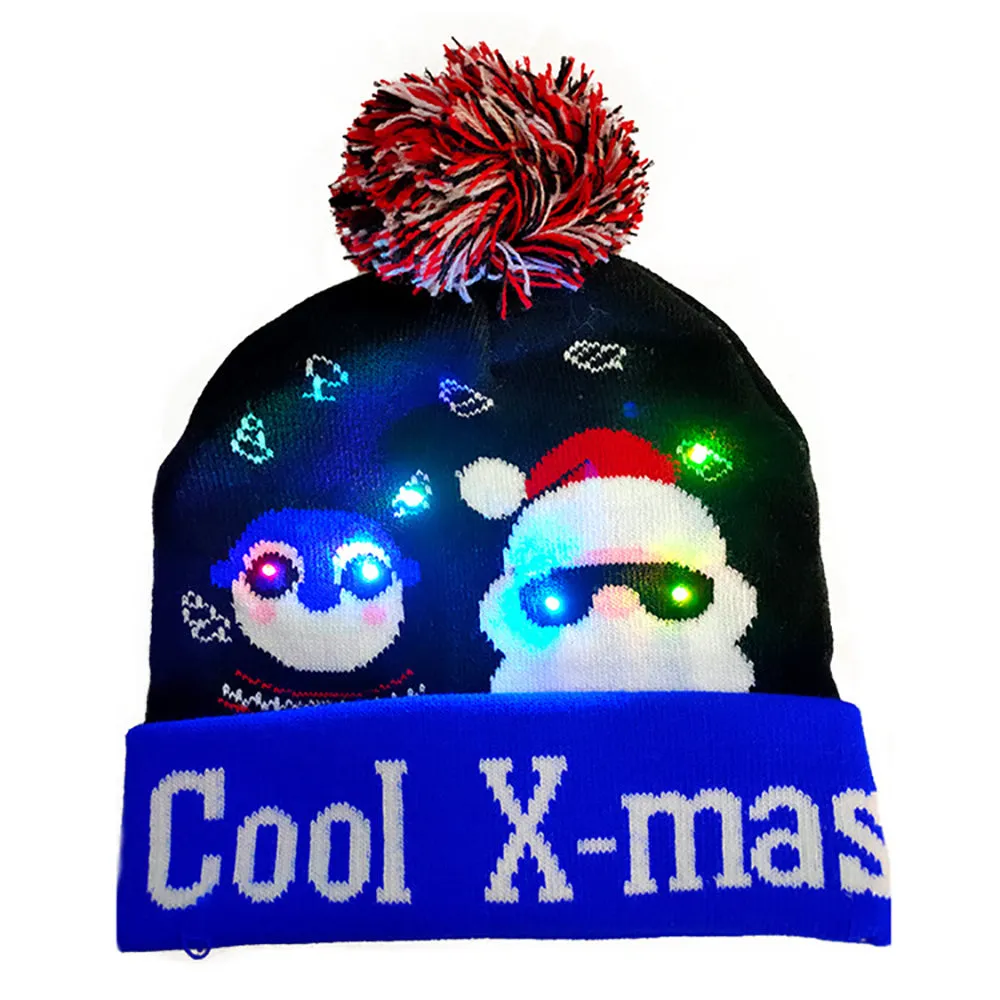 LED Christmas Theme Xmas Beanie Knitted Hat - Battery Operated