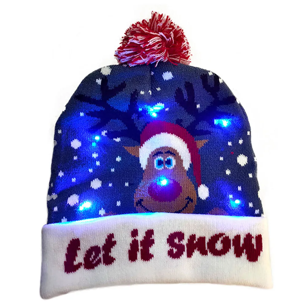 LED Christmas Theme Xmas Beanie Knitted Hat - Battery Operated