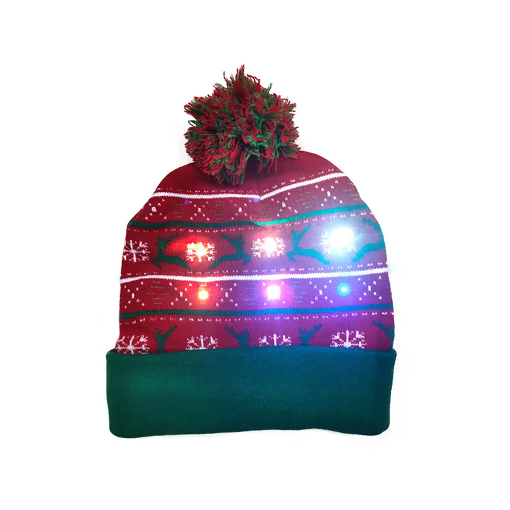 LED Christmas Theme Xmas Beanie Knitted Hat - Battery Operated